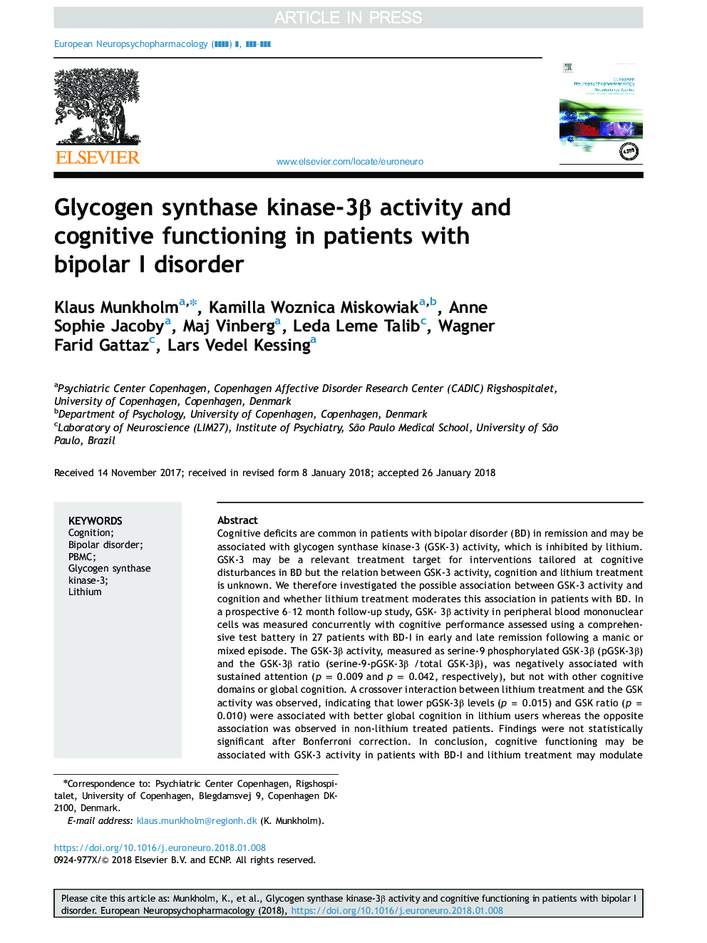 Glycogen synthase kinase-3Î² activity and cognitive functioning in patients with bipolar I disorder