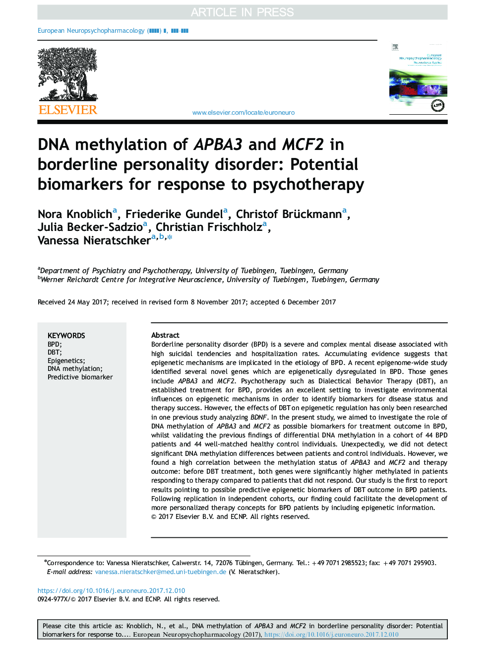 DNA methylation of APBA3 and MCF2 in borderline personality disorder: Potential biomarkers for response to psychotherapy