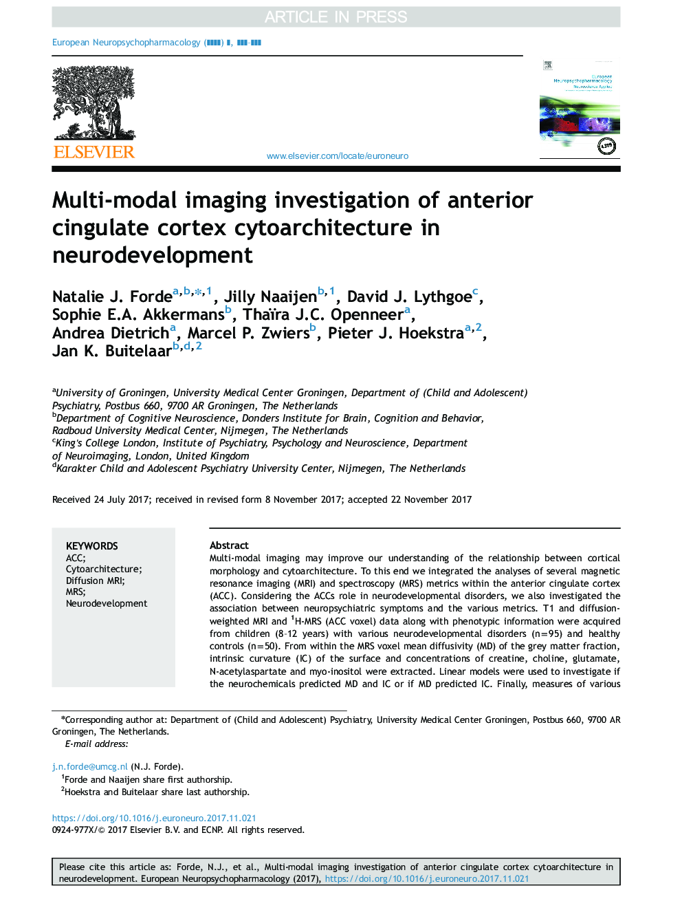 Multi-modal imaging investigation of anterior cingulate cortex cytoarchitecture in neurodevelopment