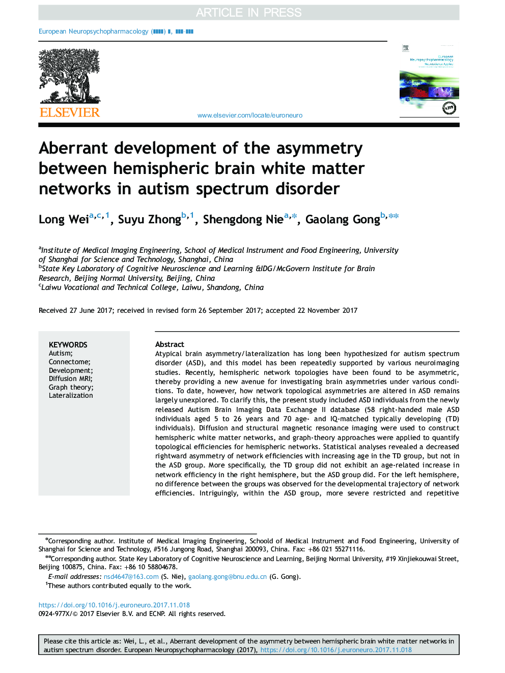 توسعه غیرمستقیم عدم تقارن بین شبکه های ماده سفید مغز نیمکره ای در اختلال طیف اوتیسم 
