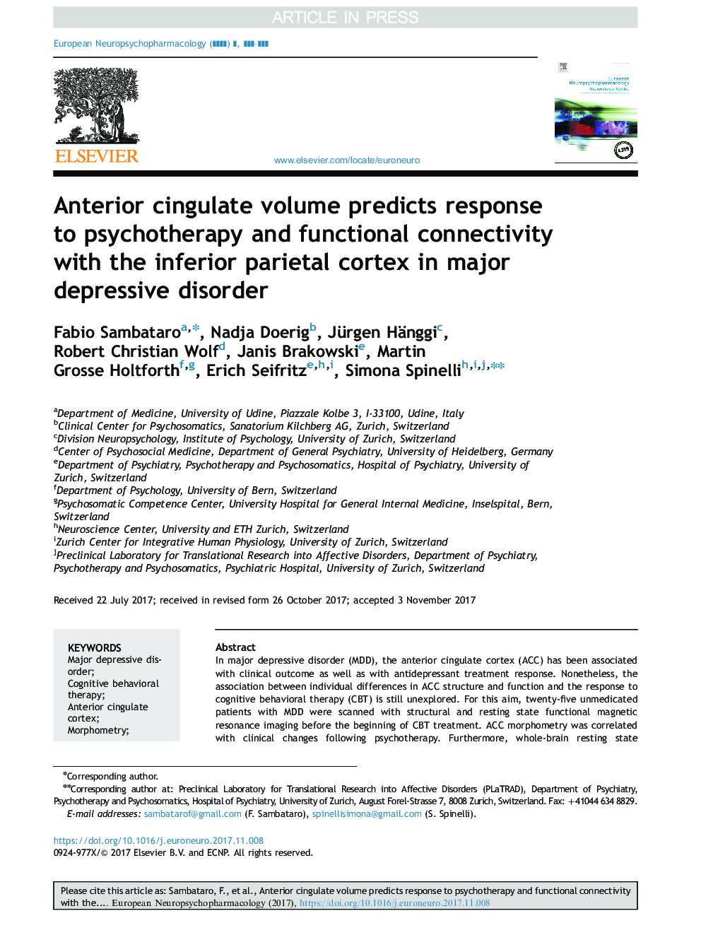 Anterior cingulate volume predicts response to psychotherapy and functional connectivity with the inferior parietal cortex in major depressive disorder