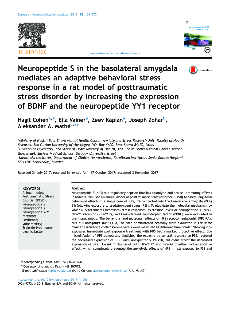 Neuropeptide S in the basolateral amygdala mediates an adaptive behavioral stress response in a rat model of posttraumatic stress disorder by increasing the expression of BDNF and the neuropeptide YY1 receptor