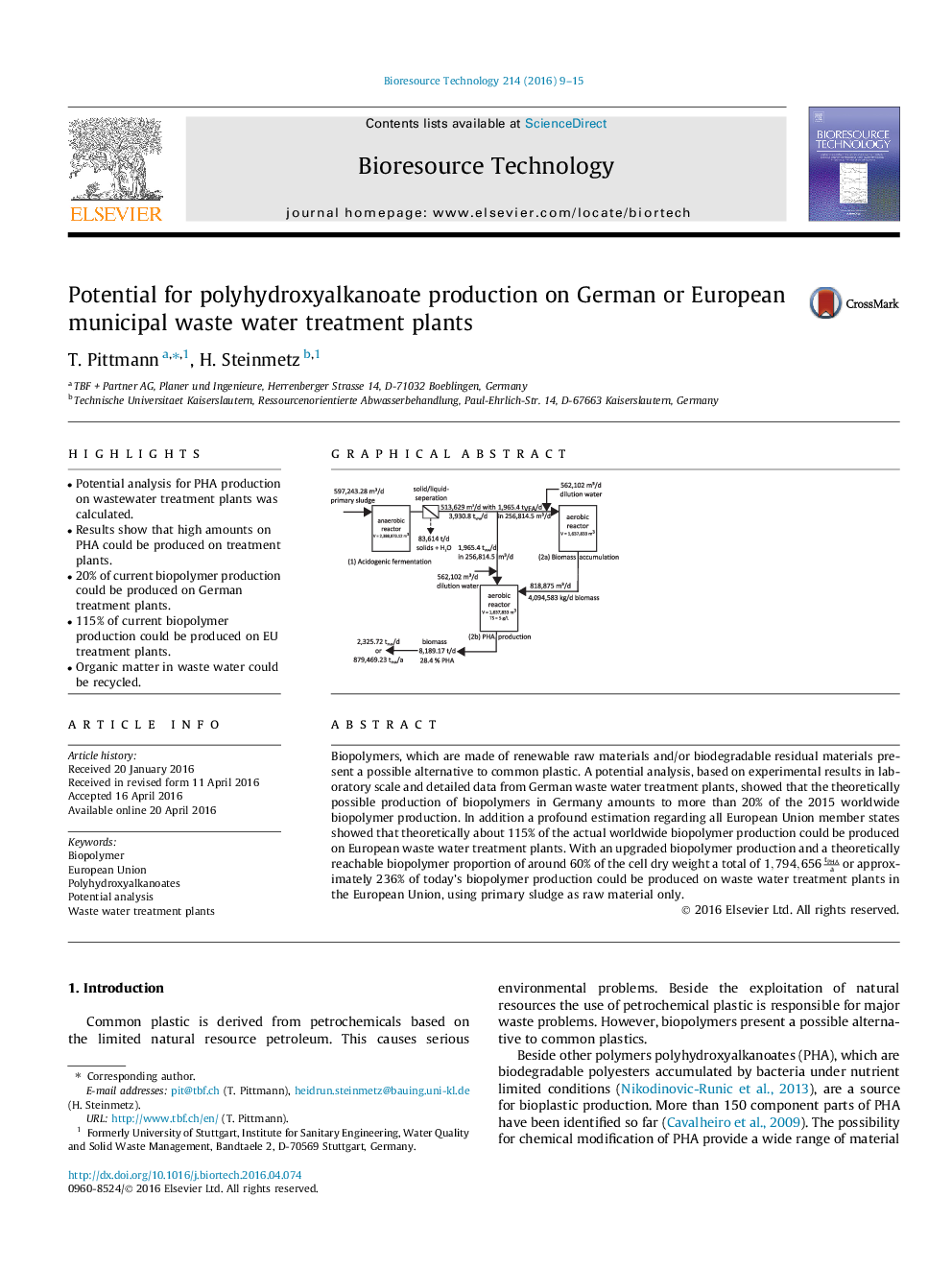 Potential for polyhydroxyalkanoate production on German or European municipal waste water treatment plants