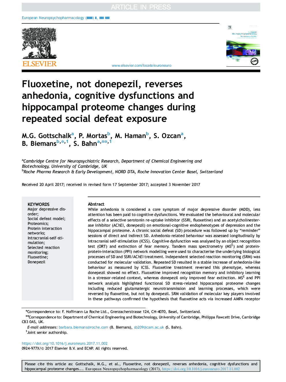 Fluoxetine, not donepezil, reverses anhedonia, cognitive dysfunctions and hippocampal proteome changes during repeated social defeat exposure