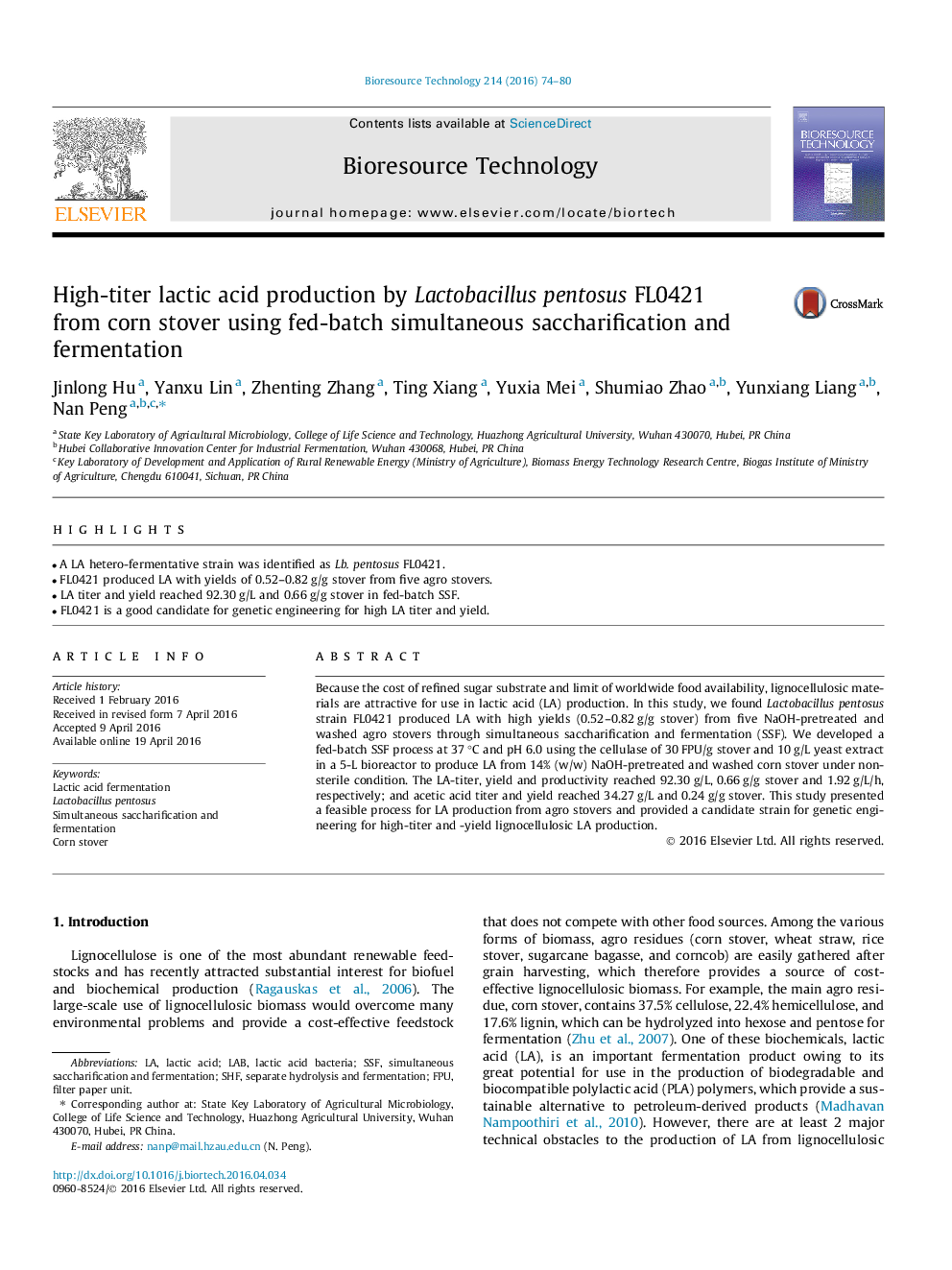 High-titer lactic acid production by Lactobacillus pentosus FL0421 from corn stover using fed-batch simultaneous saccharification and fermentation