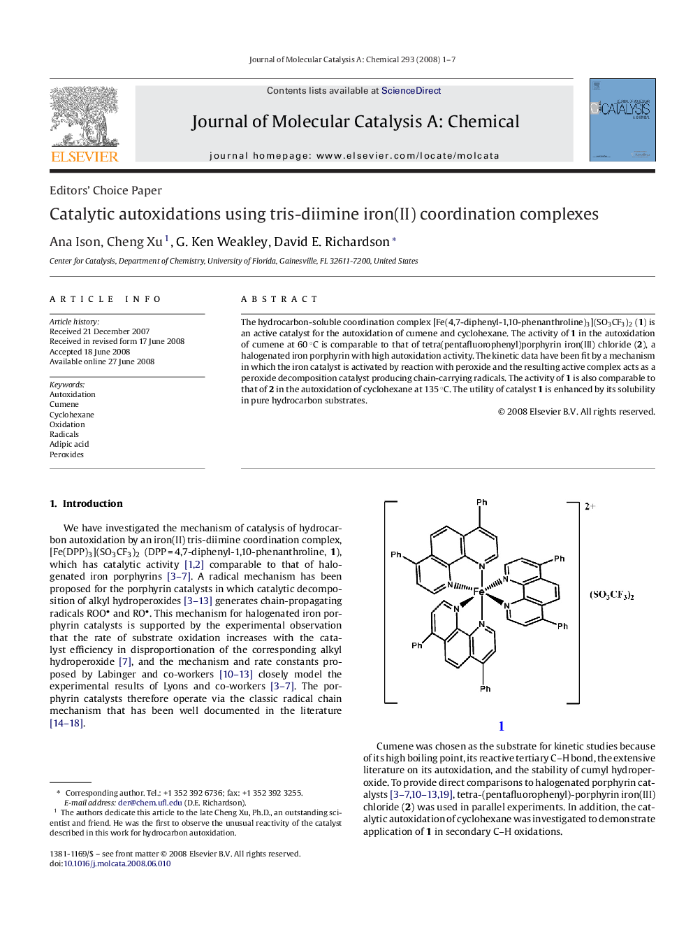 عکس صفحه اول مقاله: Catalytic autoxidations using tris-diimine iron(II) coordination complexes Catalytic autoxidations using tris-diimine iron(II) coordination complexes