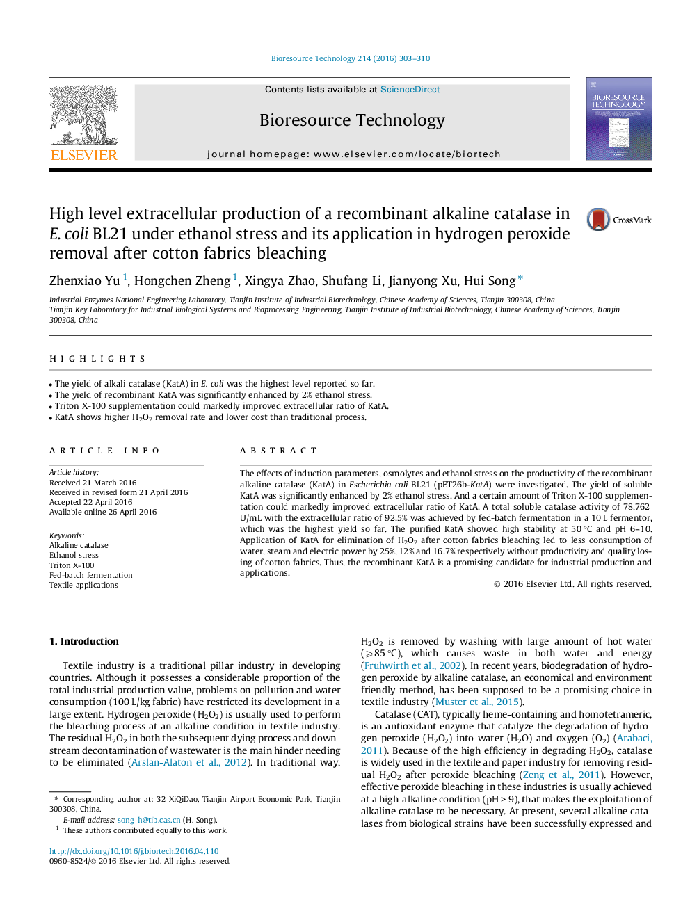 High level extracellular production of a recombinant alkaline catalase in E. coli BL21 under ethanol stress and its application in hydrogen peroxide removal after cotton fabrics bleaching