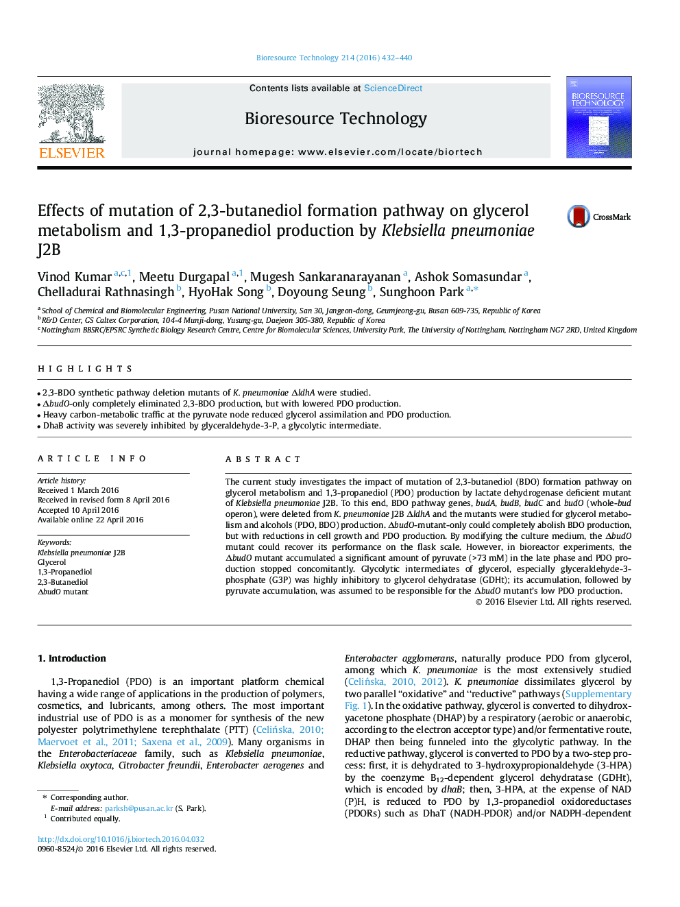 Effects of mutation of 2,3-butanediol formation pathway on glycerol metabolism and 1,3-propanediol production by Klebsiella pneumoniae J2B