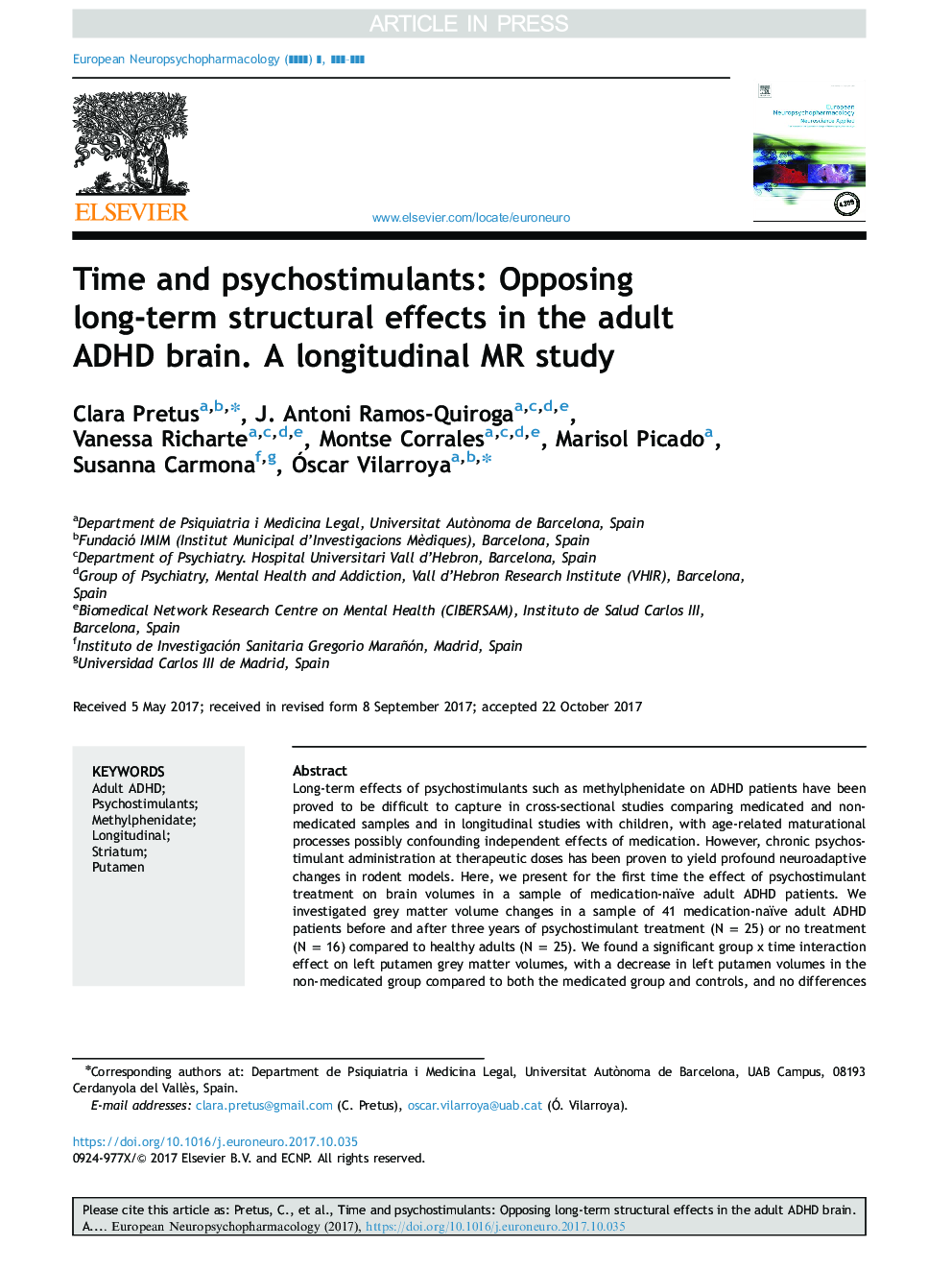 Time and psychostimulants: Opposing long-term structural effects in the adult ADHD brain. A longitudinal MR study