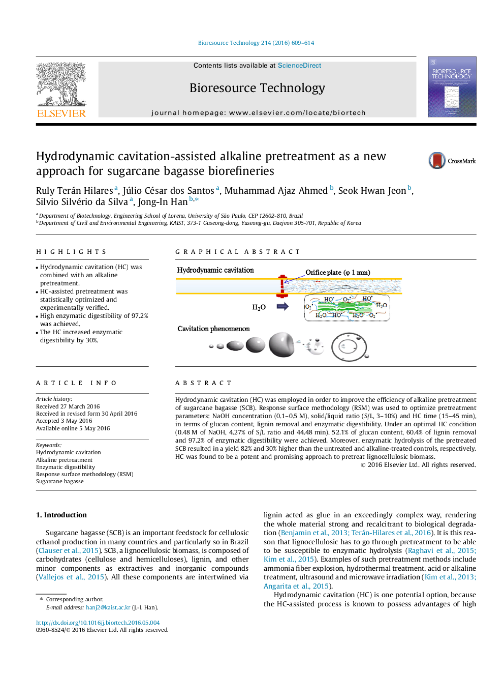 Hydrodynamic cavitation-assisted alkaline pretreatment as a new approach for sugarcane bagasse biorefineries