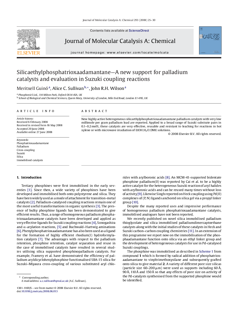 Silicaethylphosphatrioxaadamantane—A new support for palladium catalysts and evaluation in Suzuki coupling reactions