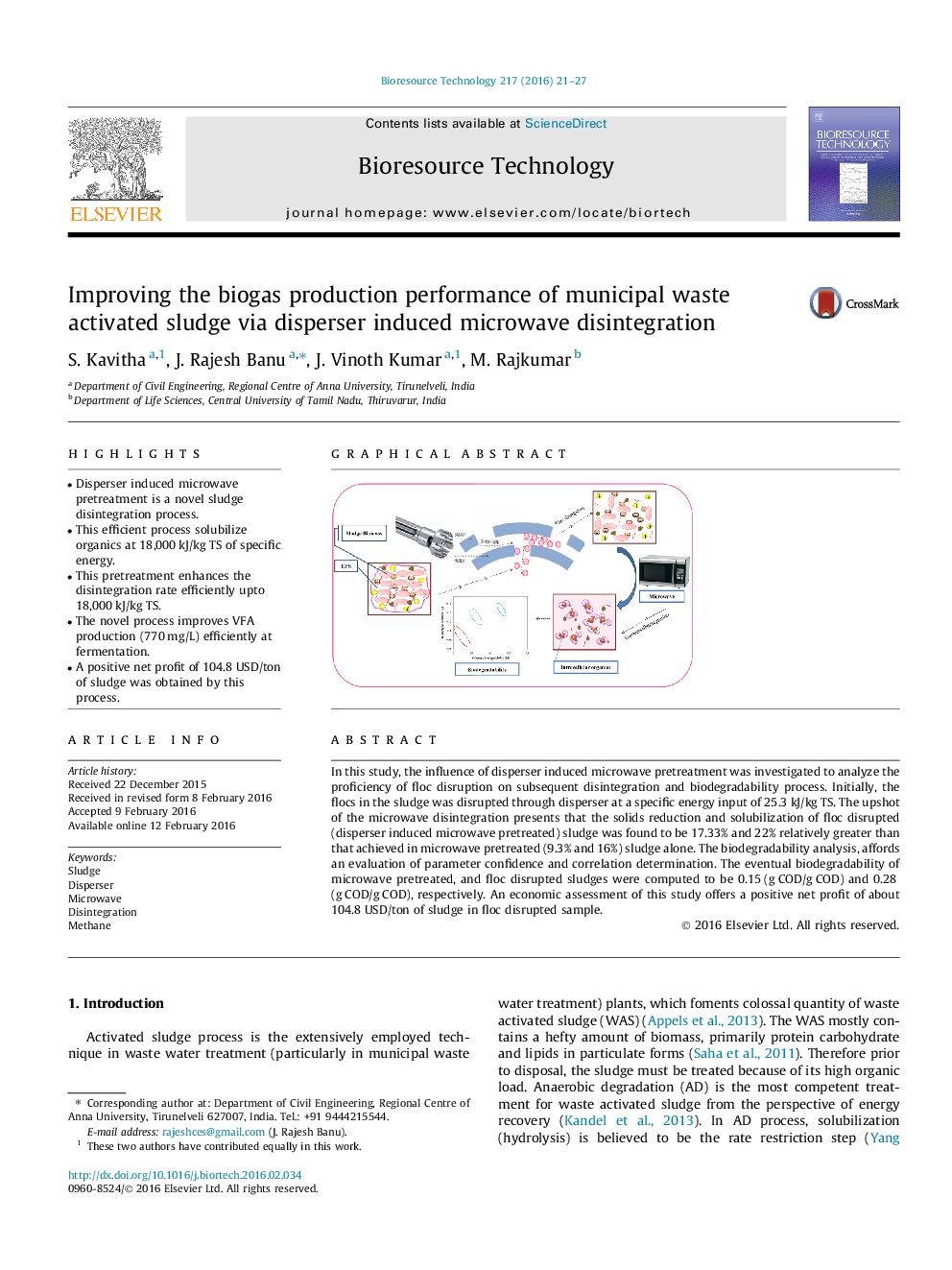 Improving the biogas production performance of municipal waste activated sludge via disperser induced microwave disintegration