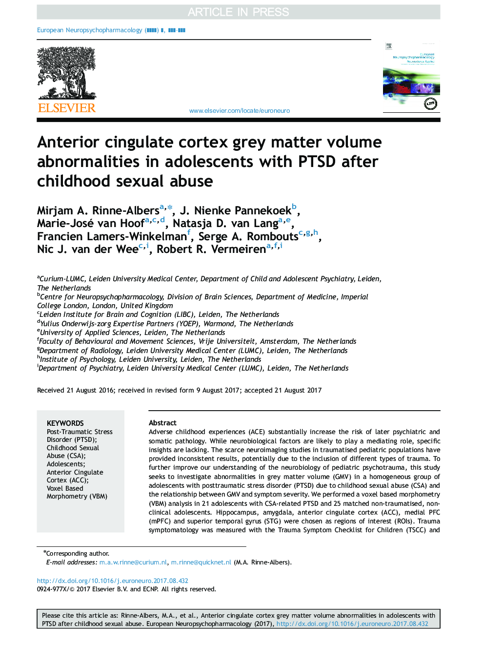 Anterior cingulate cortex grey matter volume abnormalities in adolescents with PTSD after childhood sexual abuse