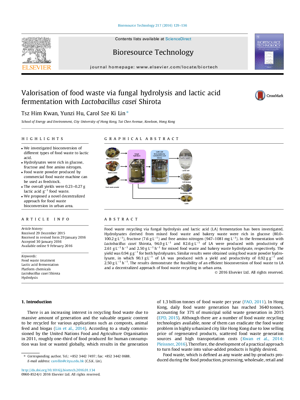 Valorisation of food waste via fungal hydrolysis and lactic acid fermentation with Lactobacillus casei Shirota