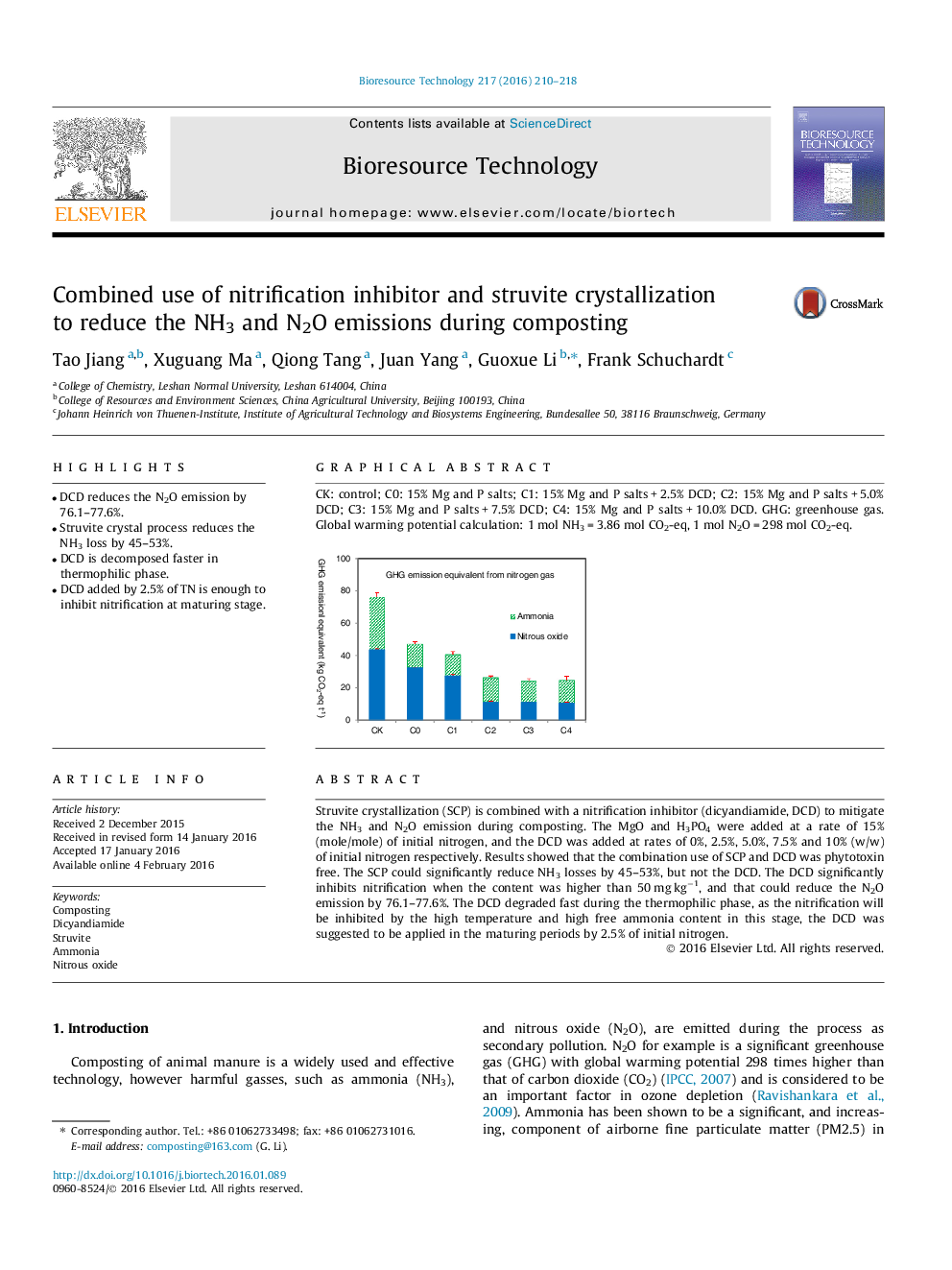 Combined use of nitrification inhibitor and struvite crystallization to reduce the NH3 and N2O emissions during composting