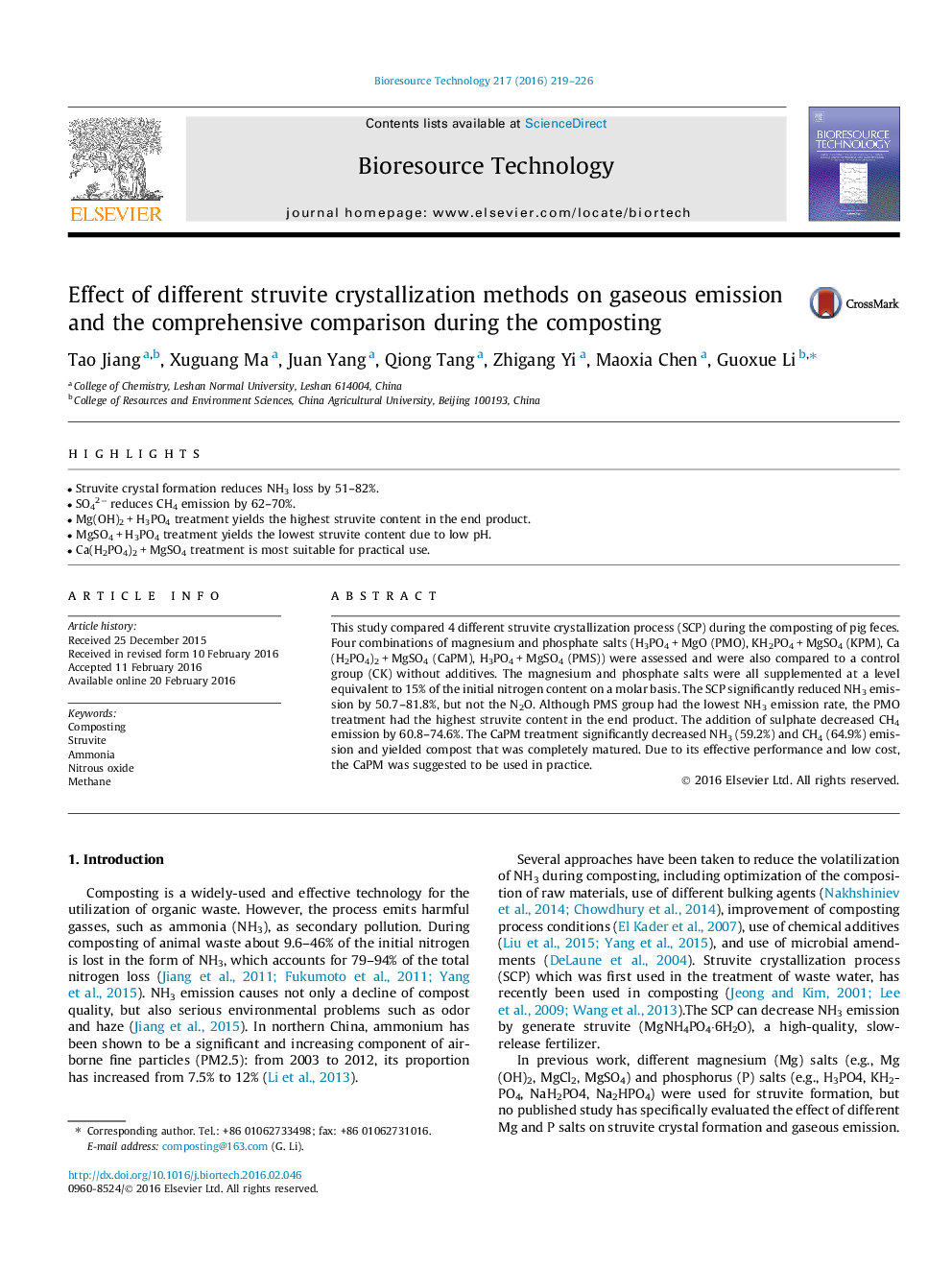 Effect of different struvite crystallization methods on gaseous emission and the comprehensive comparison during the composting