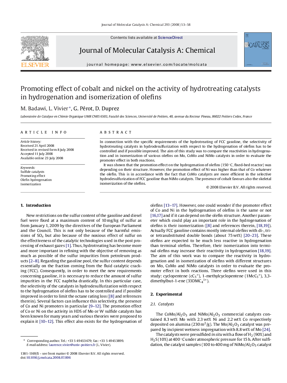 Promoting effect of cobalt and nickel on the activity of hydrotreating catalysts in hydrogenation and isomerization of olefins