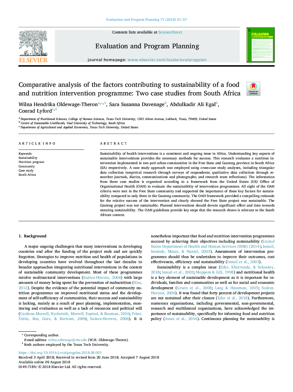 Comparative analysis of the factors contributing to sustainability of a food and nutrition intervention programme: Two case studies from South Africa