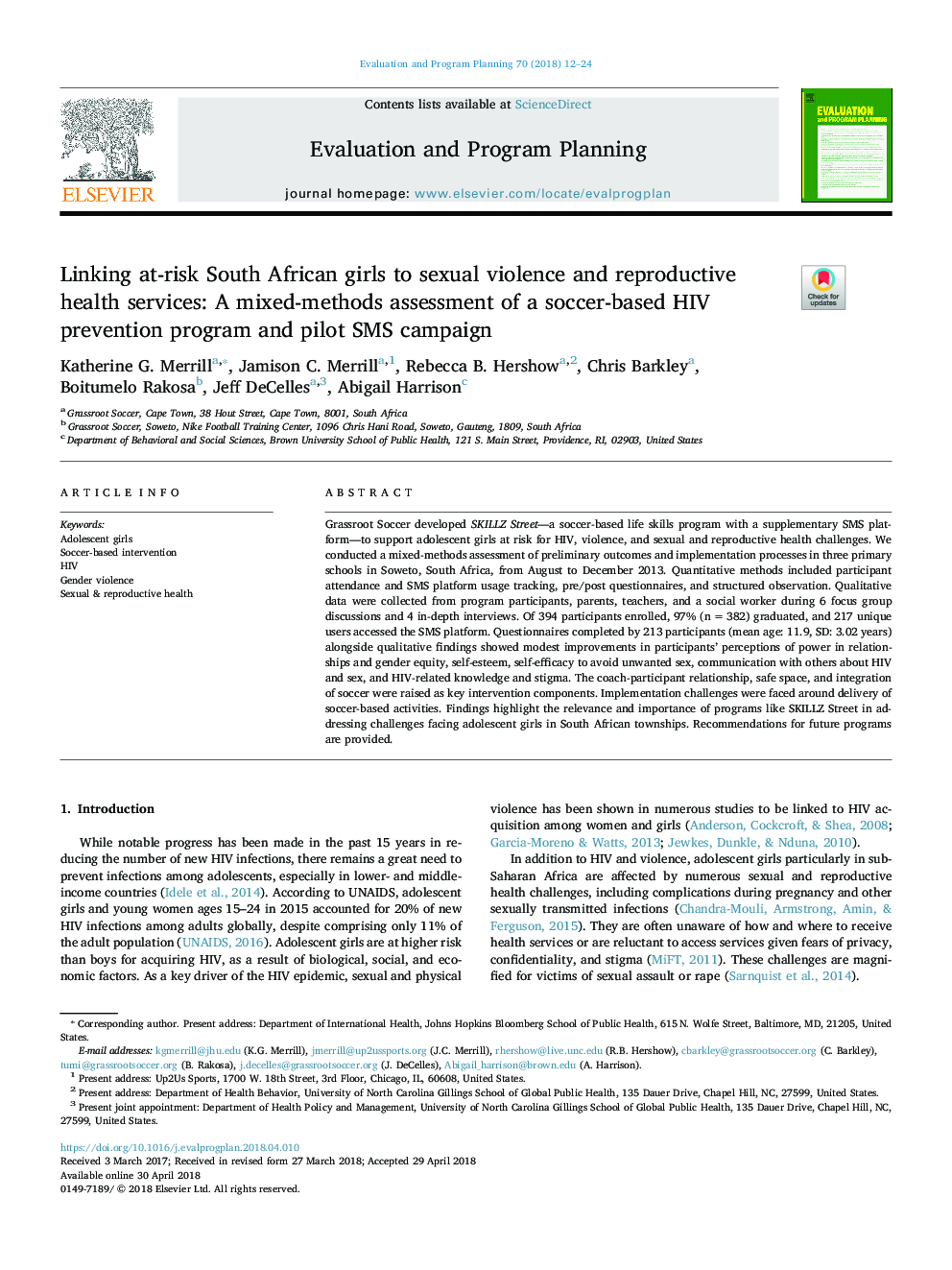 Linking at-risk South African girls to sexual violence and reproductive health services: A mixed-methods assessment of a soccer-based HIV prevention program and pilot SMS campaign
