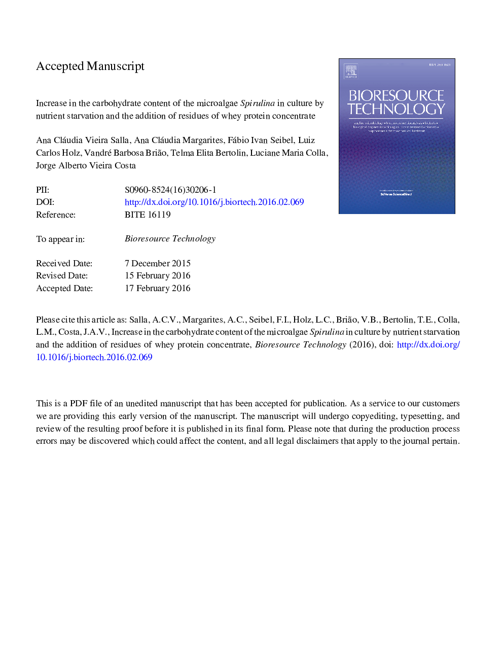 Increase in the carbohydrate content of the microalgae Spirulina in culture by nutrient starvation and the addition of residues of whey protein concentrate