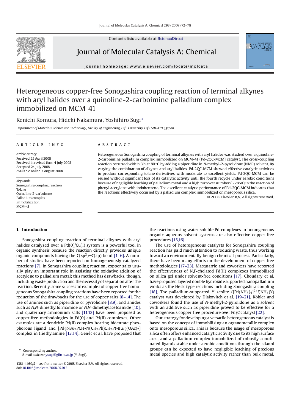 Heterogeneous copper-free Sonogashira coupling reaction of terminal alkynes with aryl halides over a quinoline-2-carboimine palladium complex immobilized on MCM-41