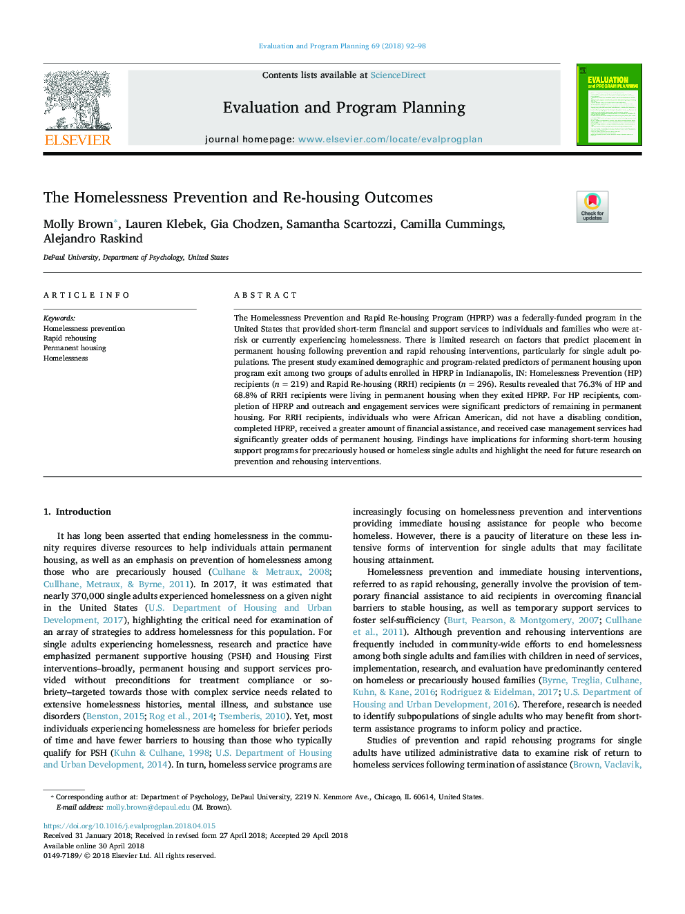 Housing status among single adults following Homelessness Prevention and Rapid Re-housing Program participation in Indianapolis