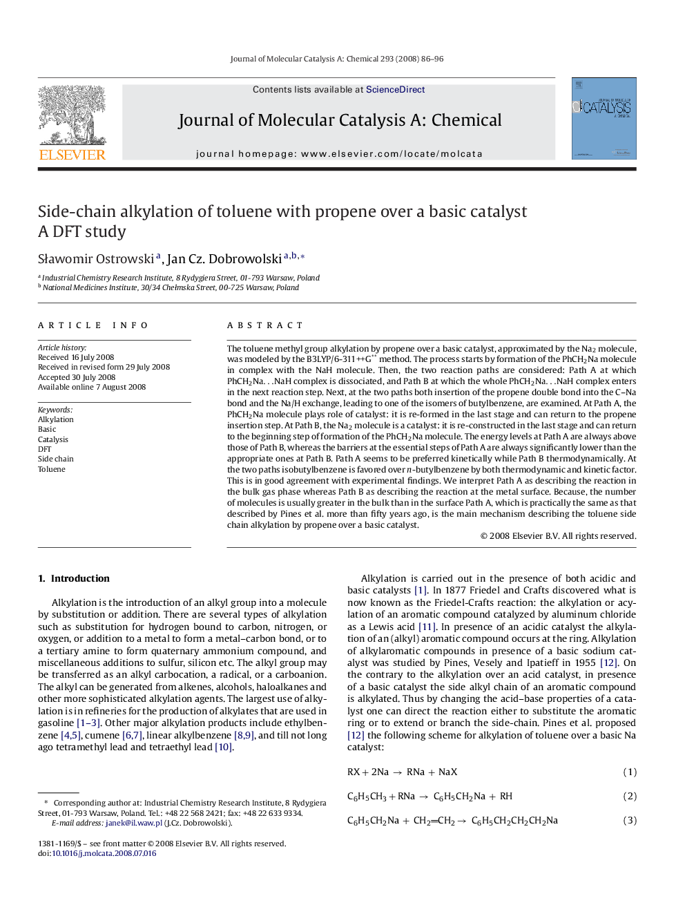 Side-chain alkylation of toluene with propene over a basic catalyst: A DFT study