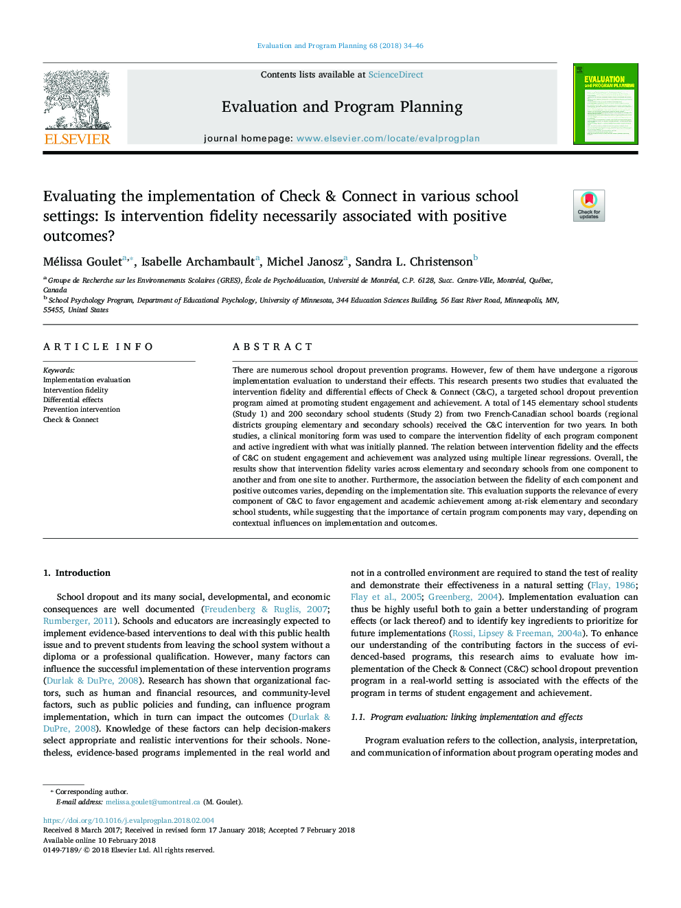 Evaluating the implementation of Check & Connect in various school settings: Is intervention fidelity necessarily associated with positive outcomes?