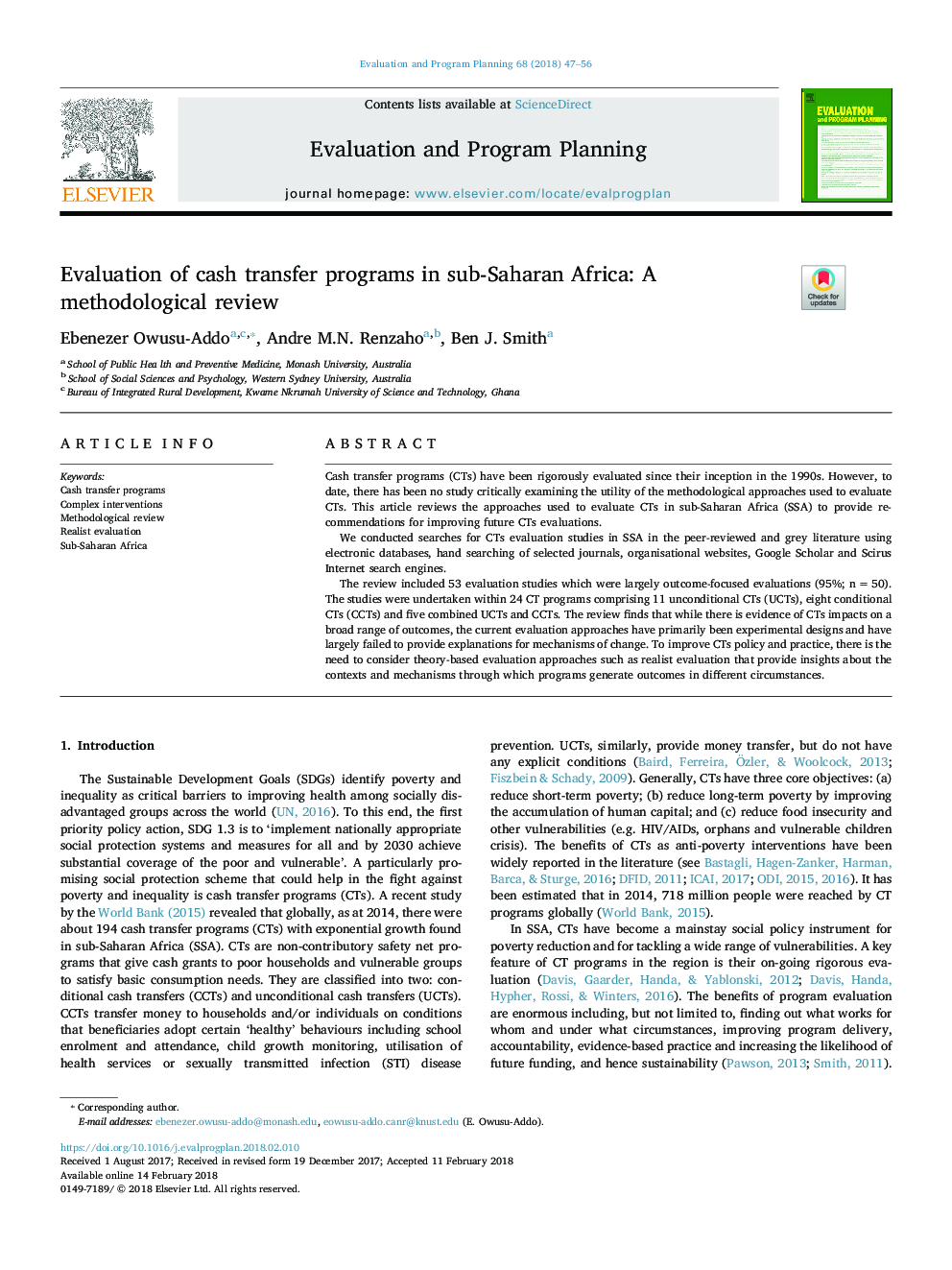 Evaluation of cash transfer programs in sub-Saharan Africa: A methodological review