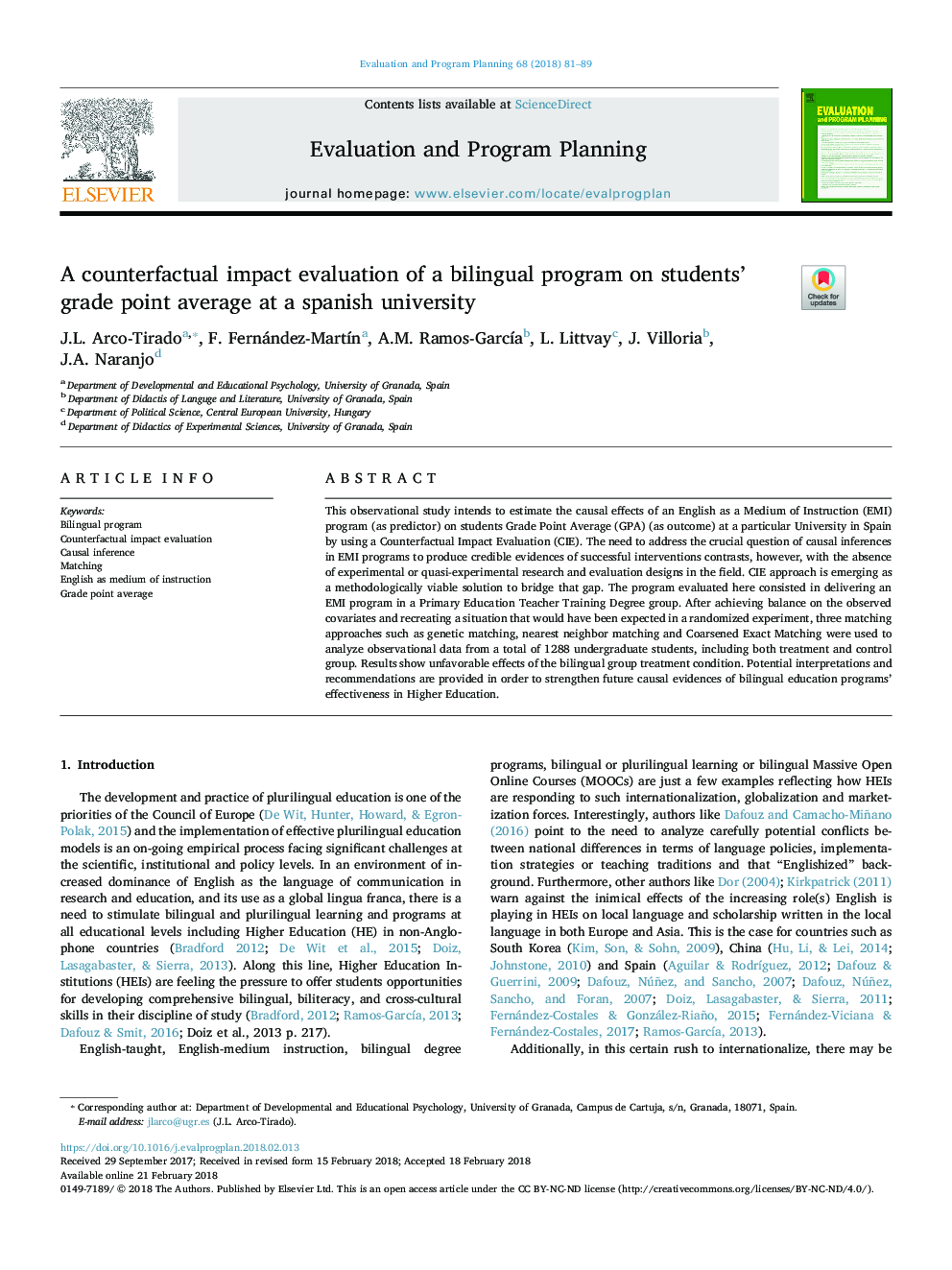 A counterfactual impact evaluation of a bilingual program on students' grade point average at a spanish university