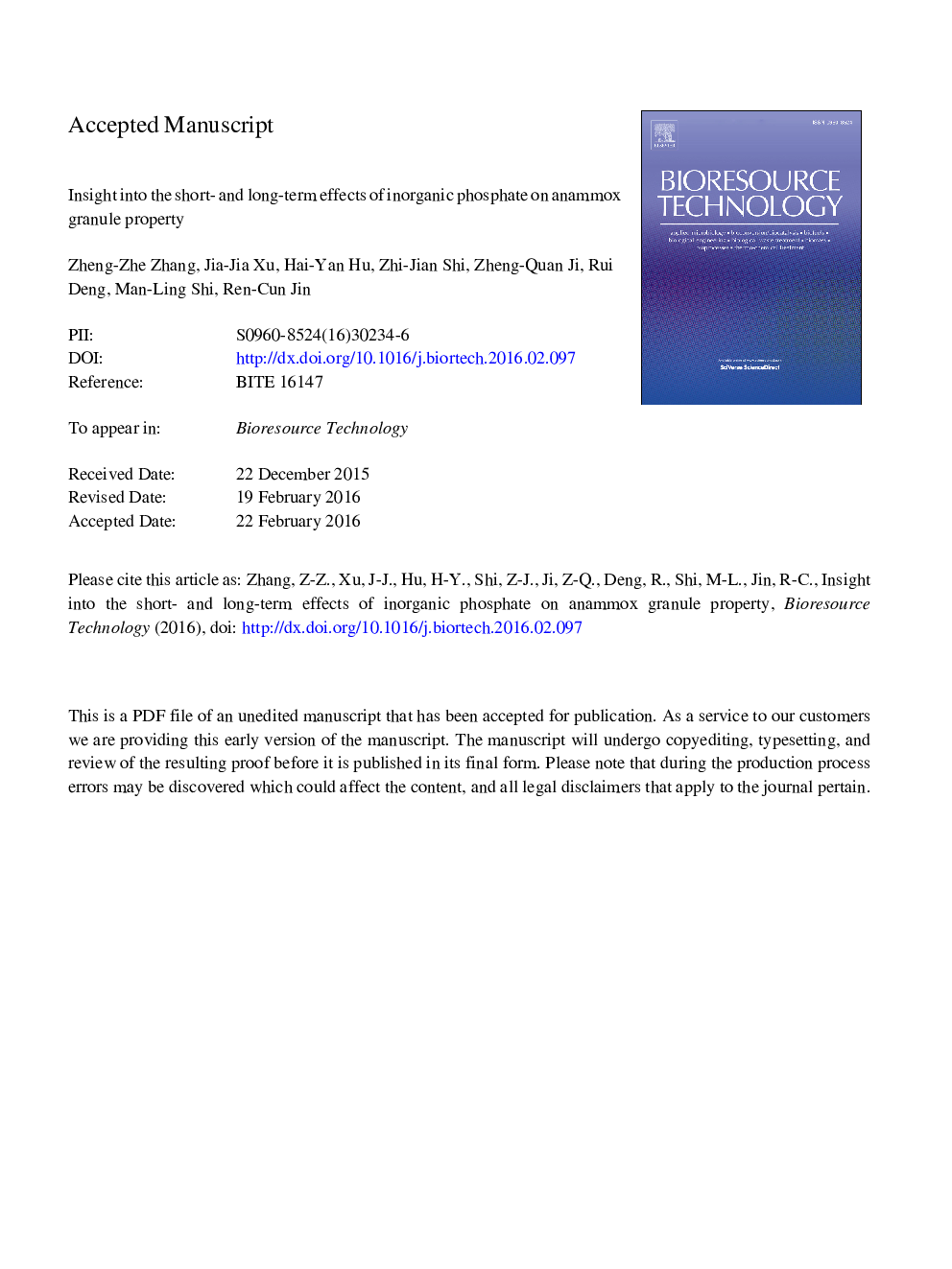 Insight into the short- and long-term effects of inorganic phosphate on anammox granule property