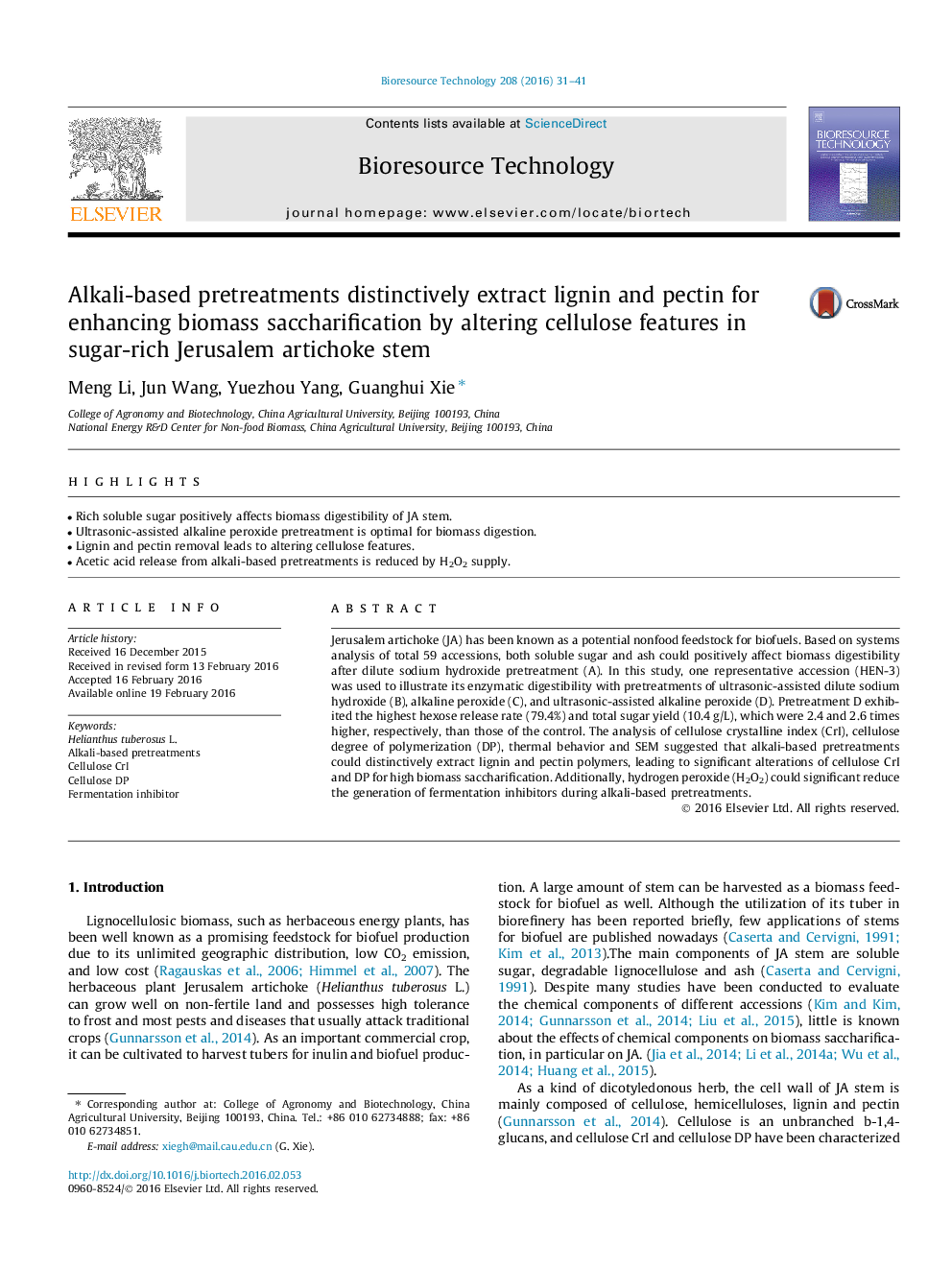 Alkali-based pretreatments distinctively extract lignin and pectin for enhancing biomass saccharification by altering cellulose features in sugar-rich Jerusalem artichoke stem