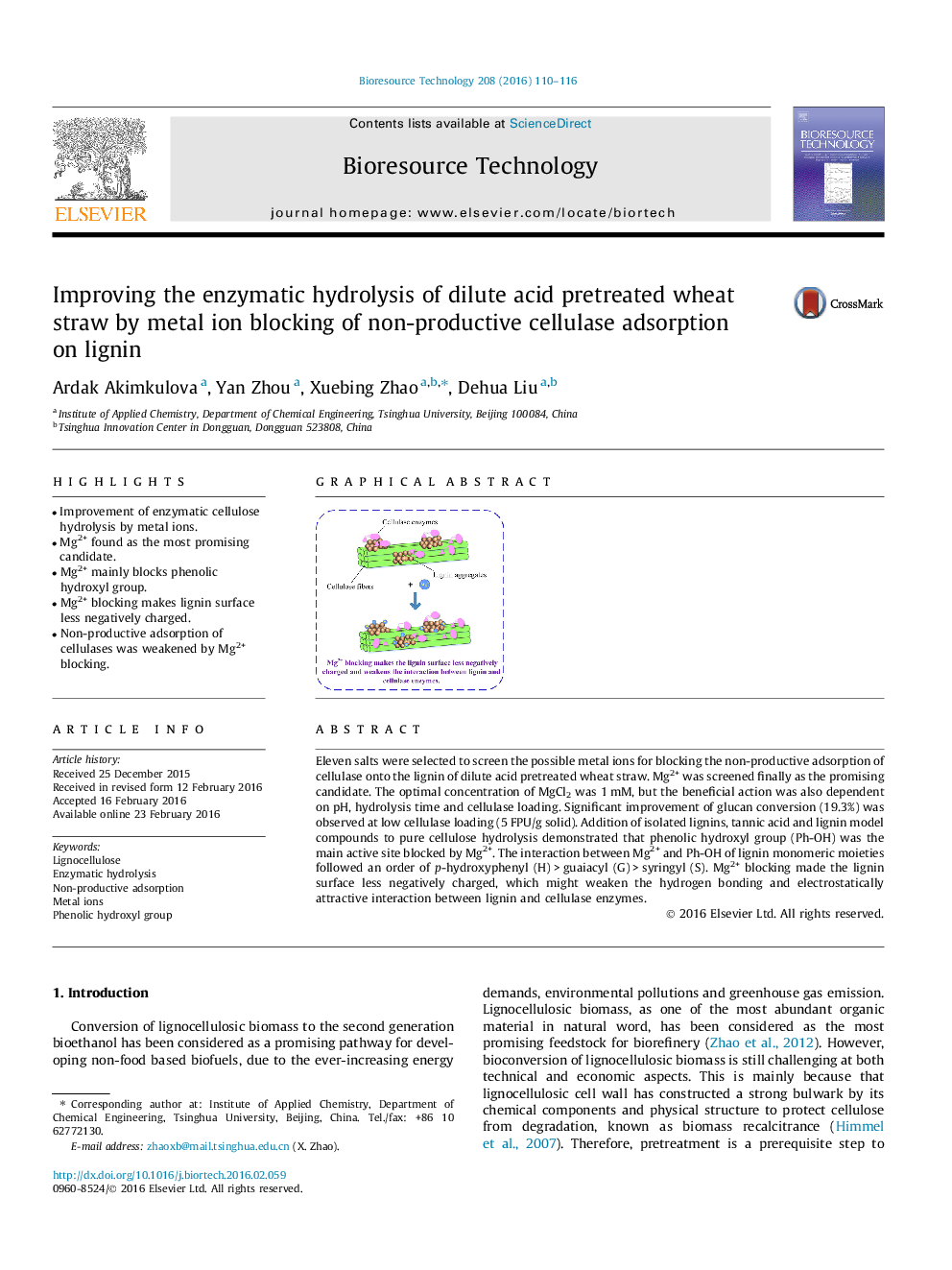 Improving the enzymatic hydrolysis of dilute acid pretreated wheat straw by metal ion blocking of non-productive cellulase adsorption on lignin