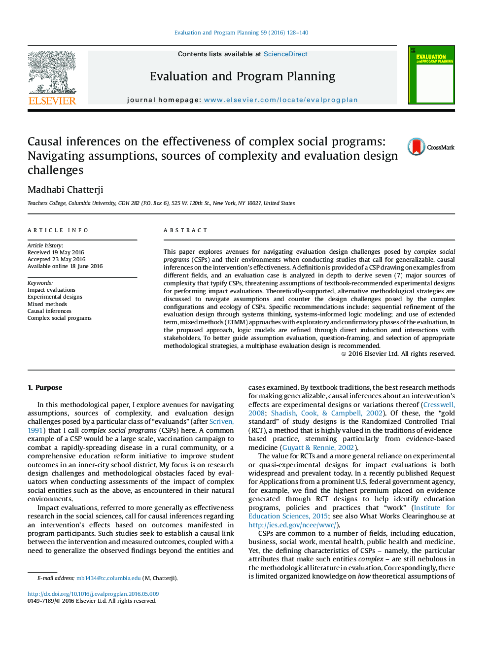 نتیجه گیری های علمی درمورد اثربخشی برنامه های اجتماعی پیچیده: هدایت پیش فرض ها، منابع پیچیدگی و چالش های طراحی ارزیابی 