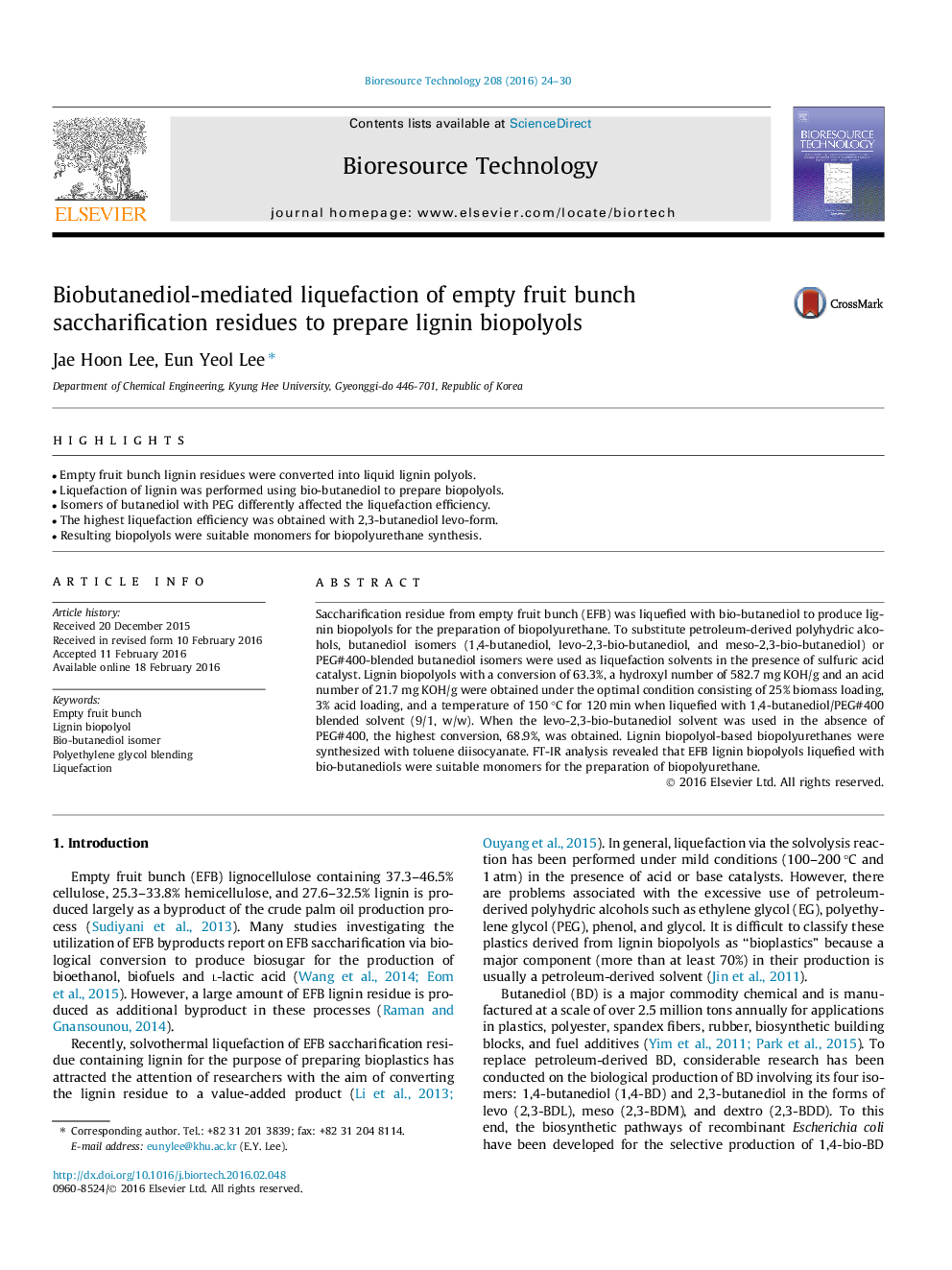 Biobutanediol-mediated liquefaction of empty fruit bunch saccharification residues to prepare lignin biopolyols