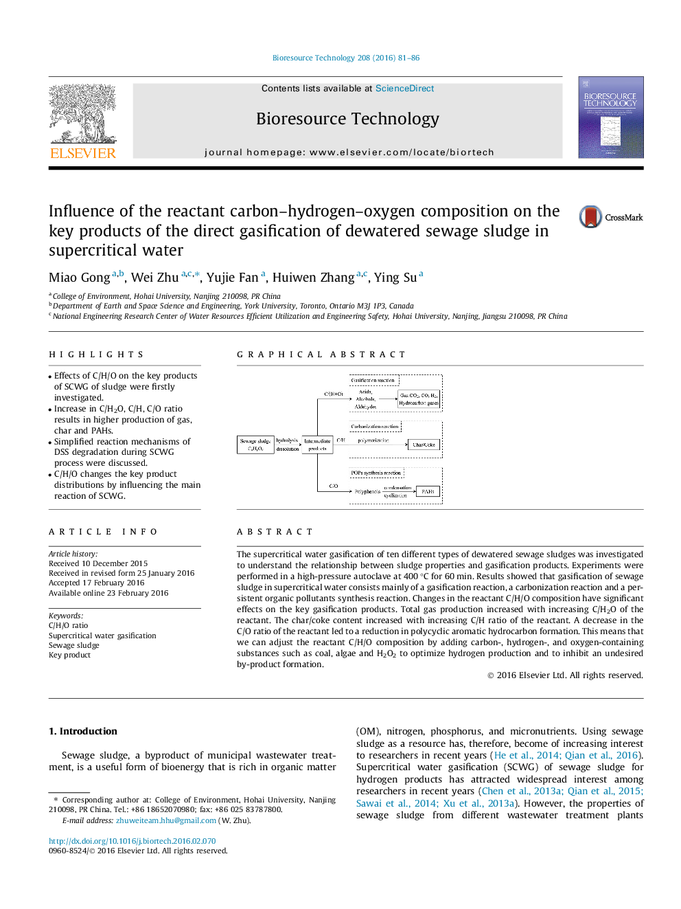 Influence of the reactant carbon-hydrogen-oxygen composition on the key products of the direct gasification of dewatered sewage sludge in supercritical water