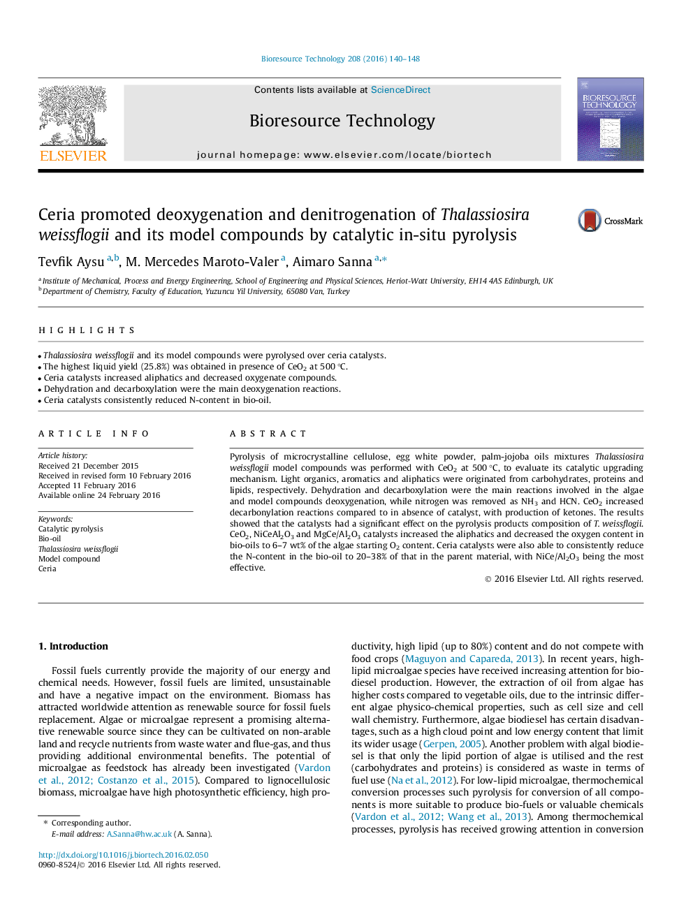 Ceria promoted deoxygenation and denitrogenation of Thalassiosira weissflogii and its model compounds by catalytic in-situ pyrolysis