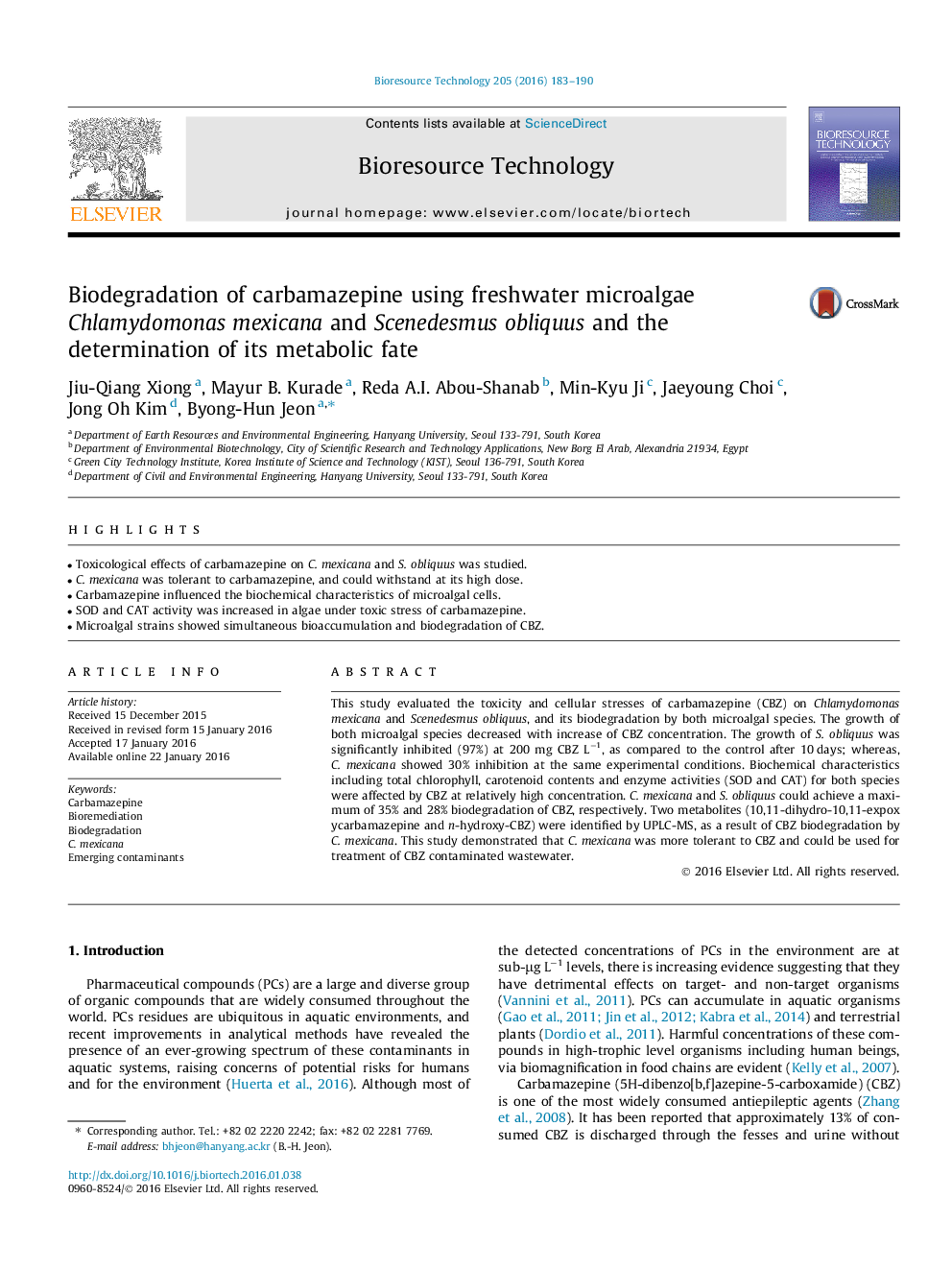 Biodegradation of carbamazepine using freshwater microalgae Chlamydomonas mexicana and Scenedesmus obliquus and the determination of its metabolic fate