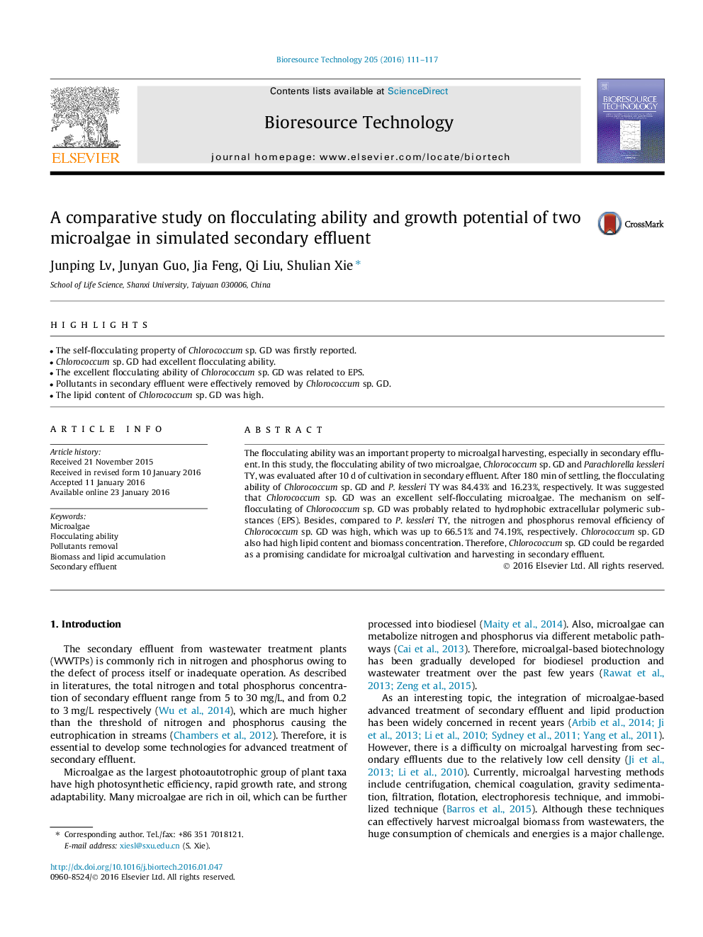 A comparative study on flocculating ability and growth potential of two microalgae in simulated secondary effluent