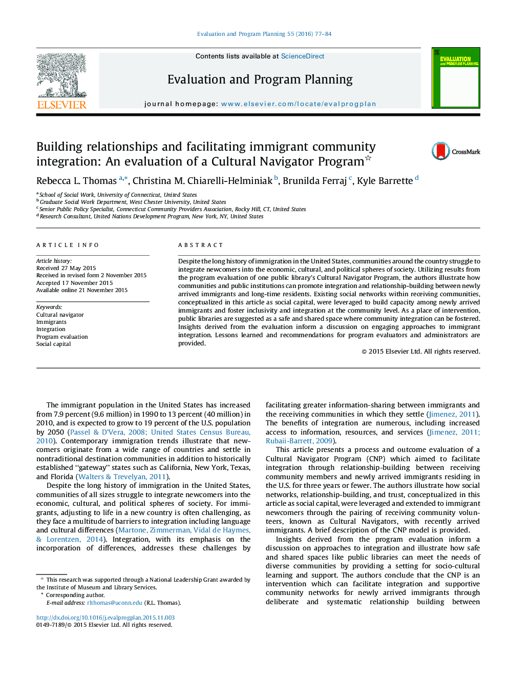 Building relationships and facilitating immigrant community integration: An evaluation of a Cultural Navigator Program