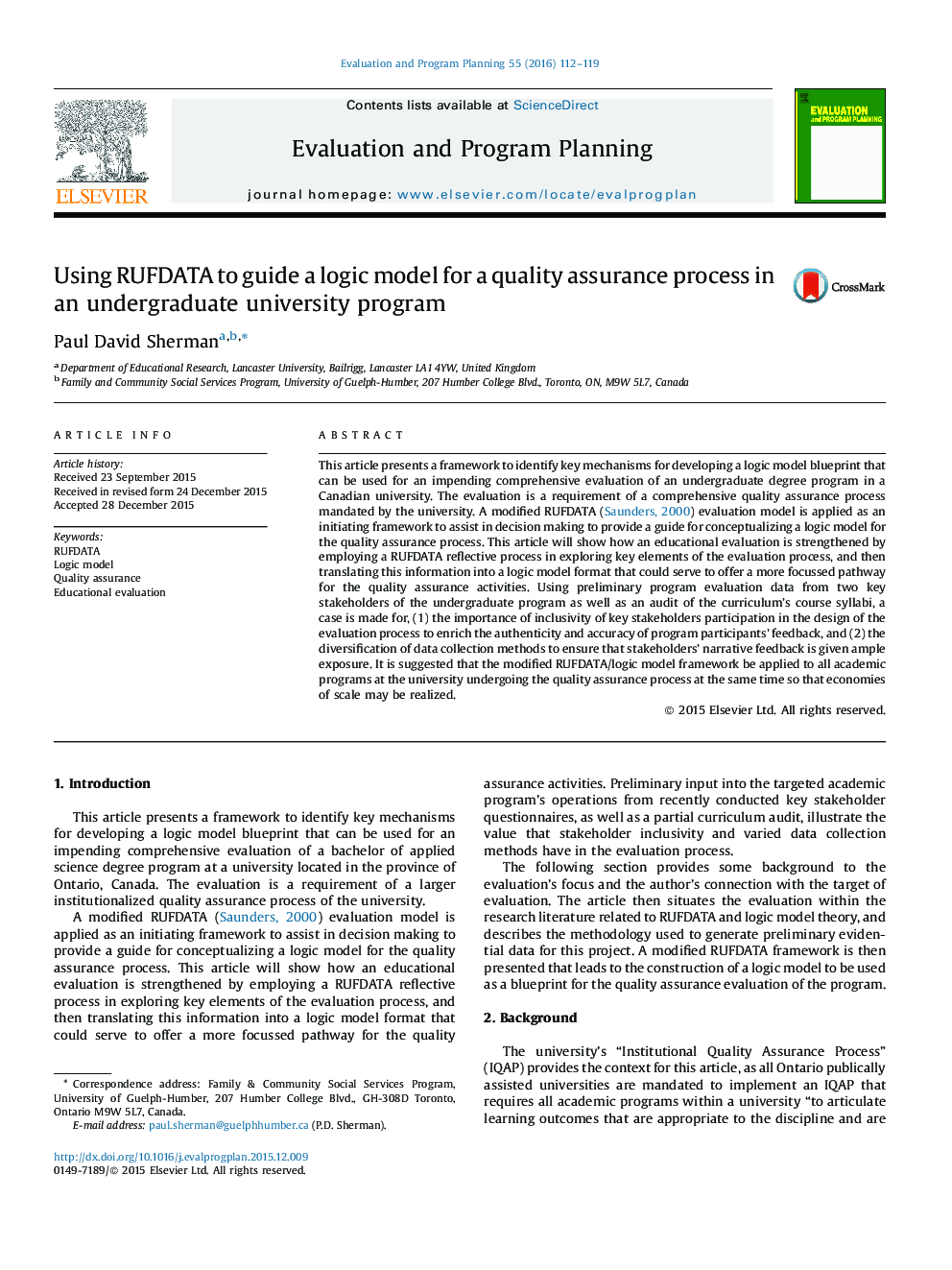 Using RUFDATA to guide a logic model for a quality assurance process in an undergraduate university program