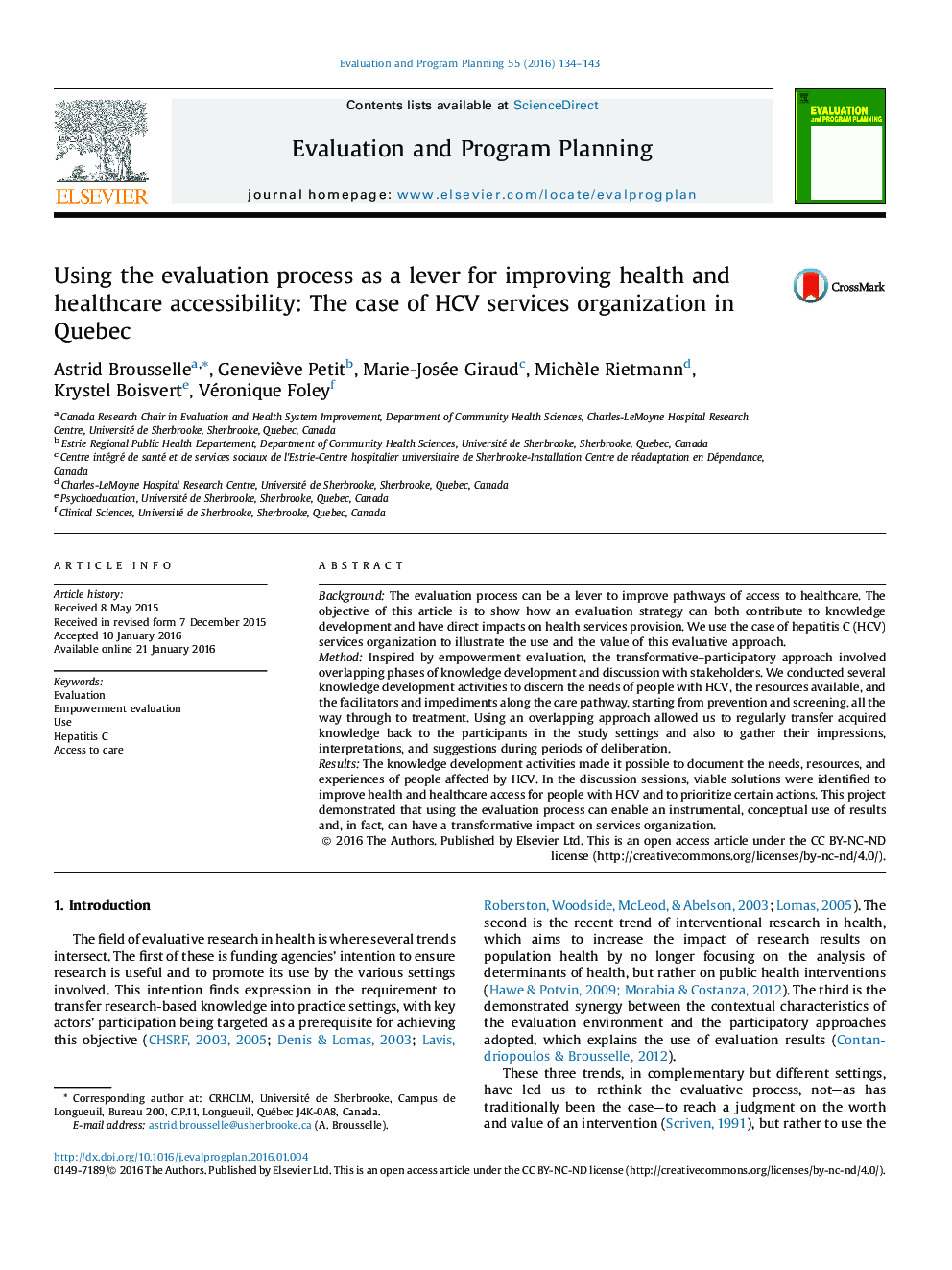 Using the evaluation process as a lever for improving health and healthcare accessibility: The case of HCV services organization in Quebec