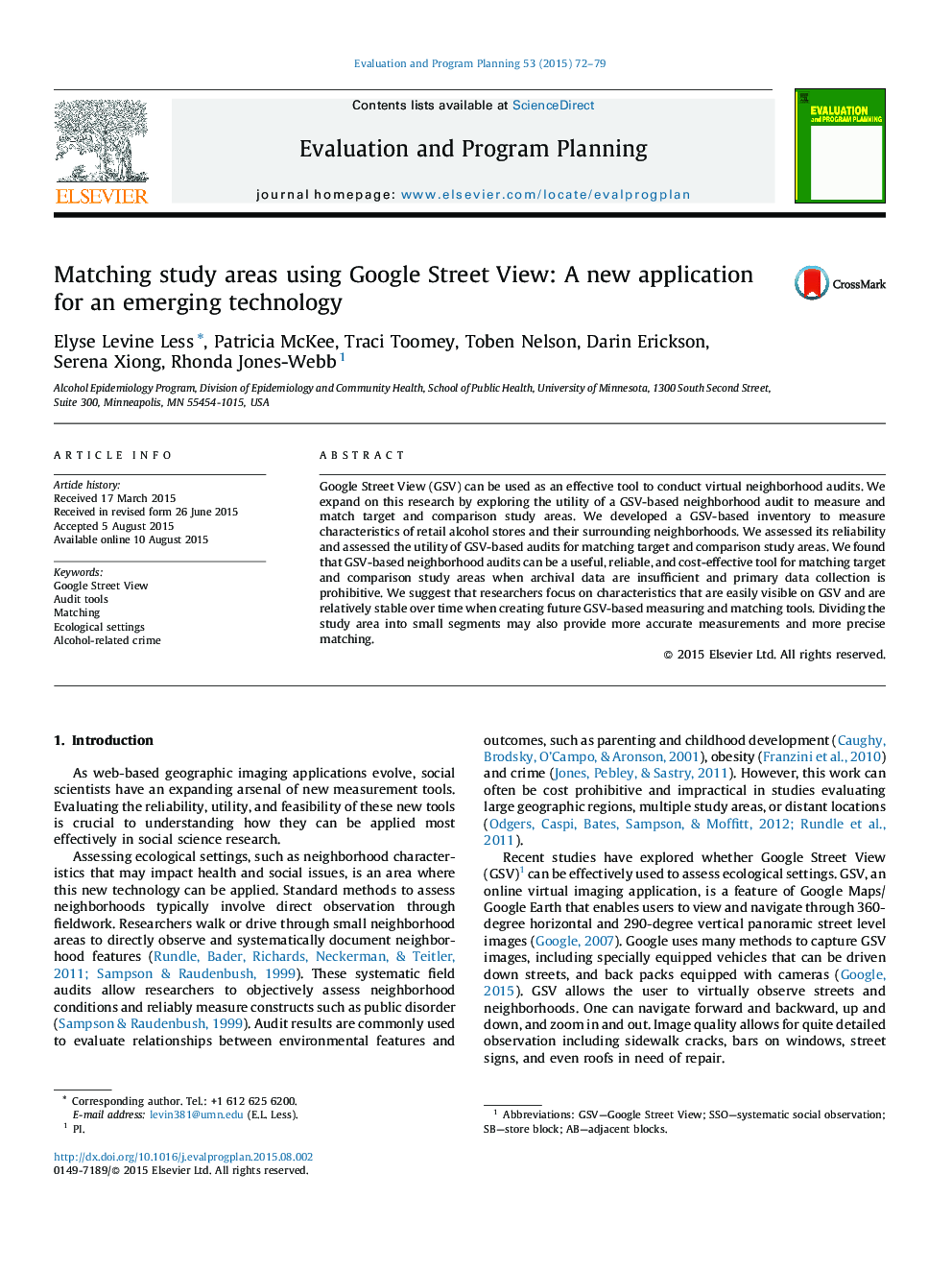 Matching study areas using Google Street View: A new application for an emerging technology