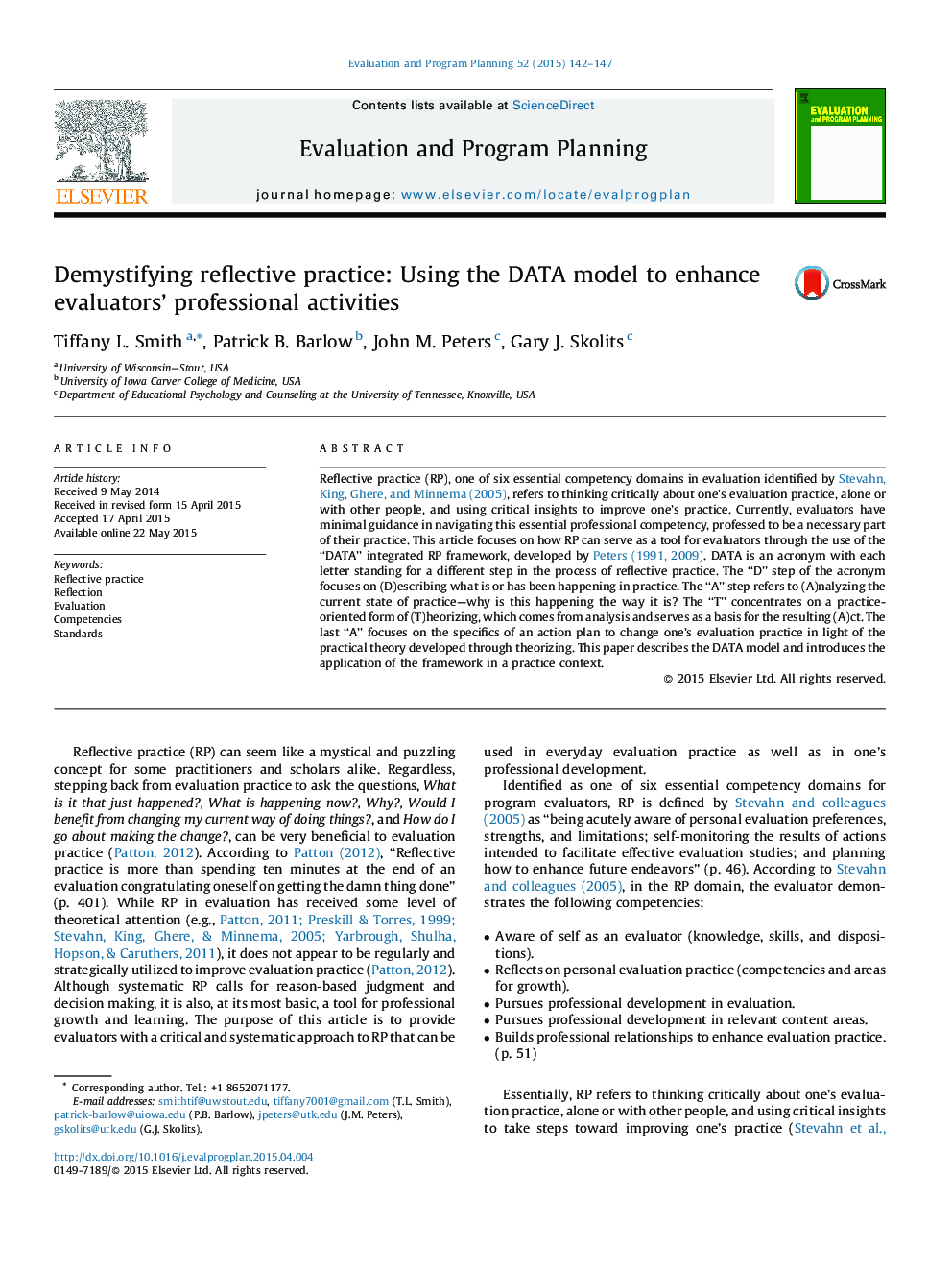 Demystifying reflective practice: Using the DATA model to enhance evaluators' professional activities