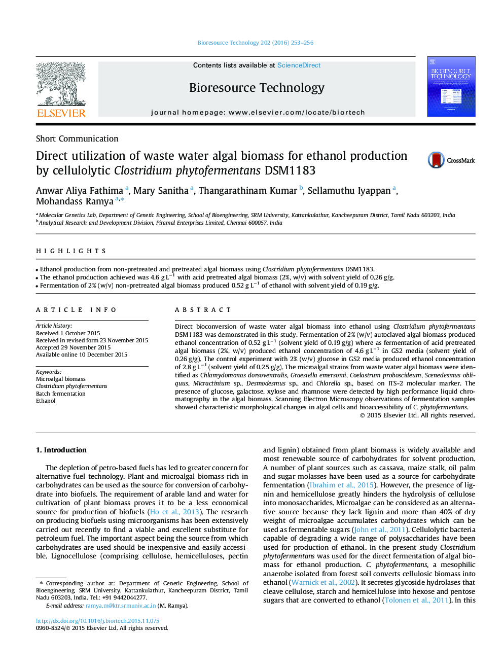 Direct utilization of waste water algal biomass for ethanol production by cellulolytic Clostridium phytofermentans DSM1183