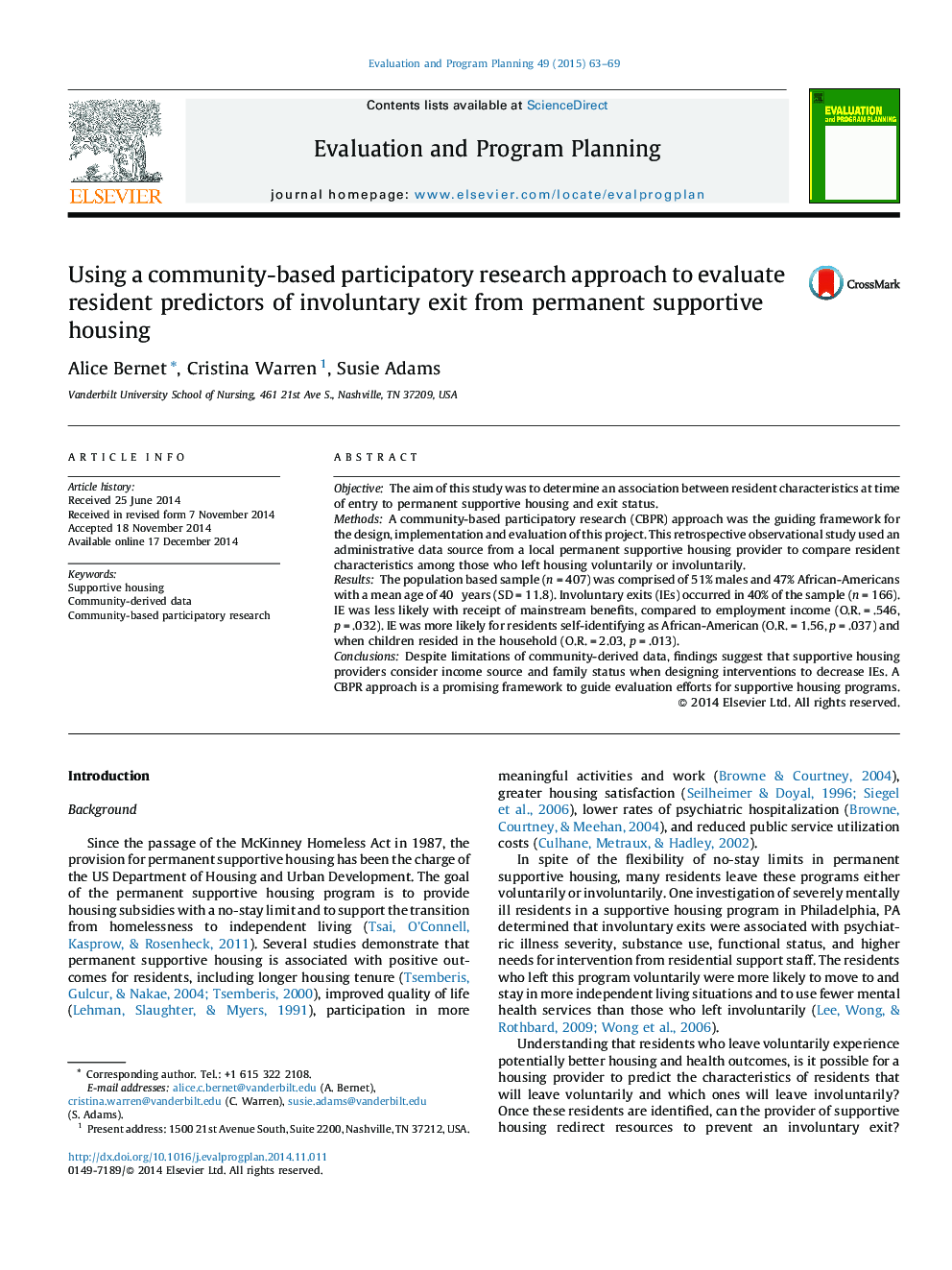 Using a community-based participatory research approach to evaluate resident predictors of involuntary exit from permanent supportive housing