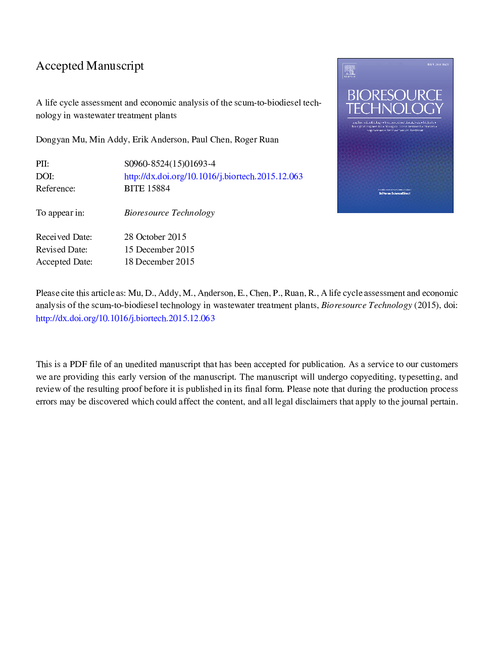 A life cycle assessment and economic analysis of the Scum-to-Biodiesel technology in wastewater treatment plants