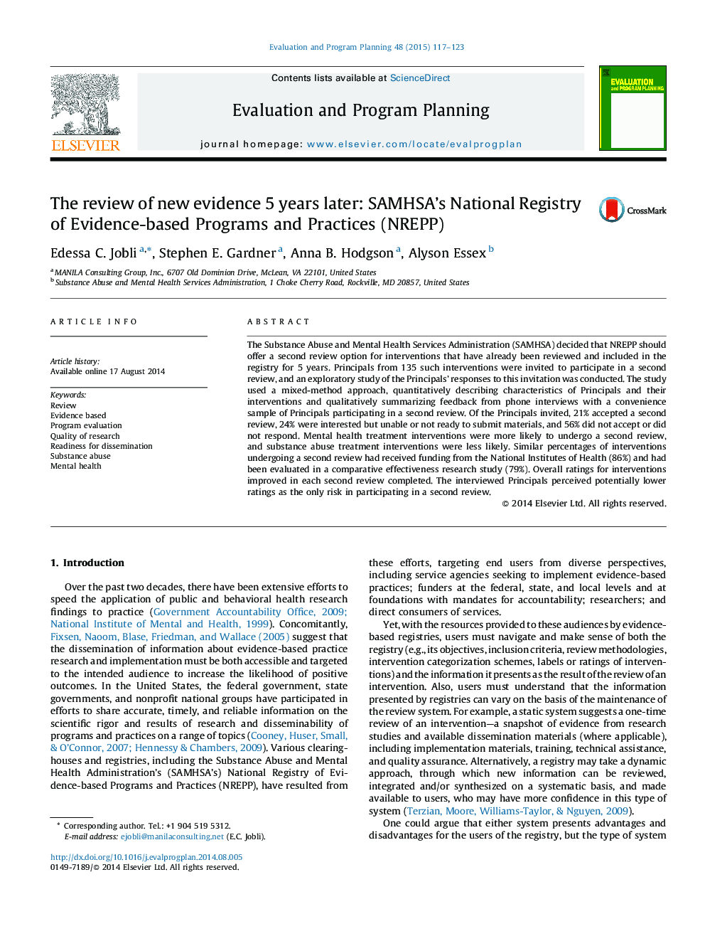 The review of new evidence 5 years later: SAMHSA's National Registry of Evidence-based Programs and Practices (NREPP)