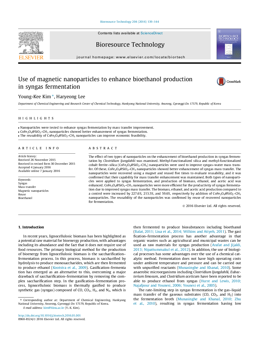 Use of magnetic nanoparticles to enhance bioethanol production in syngas fermentation