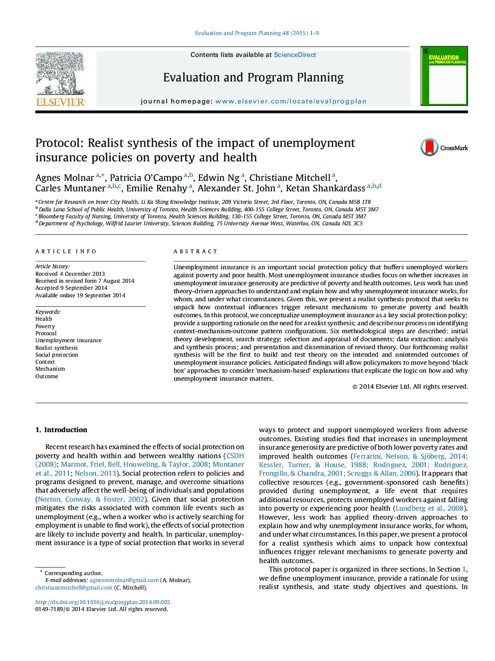 Protocol: Realist synthesis of the impact of unemployment insurance policies on poverty and health